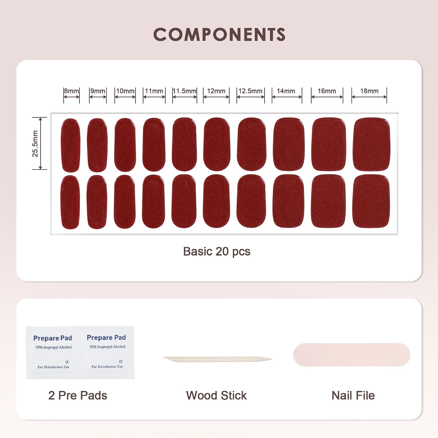Semi Cured Gel Nail Strips – Real Gel Nail Polish Wraps for Brittle Nails | Long Lasting Easy Peel-Off Removal | Hema-Free | 20-Piece Glitter Dark Red Velevt Salon Sticker Kit with UV Light