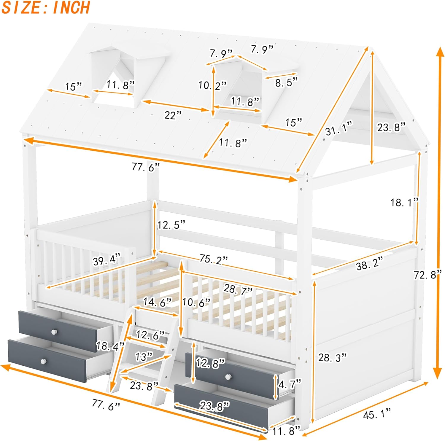 Harper & Bright Designs Kids House Bed with Storage Drawers, Twin Size Kids Platform Bed with Fences and Ladder, Wooden Montessori Bed Frame, White