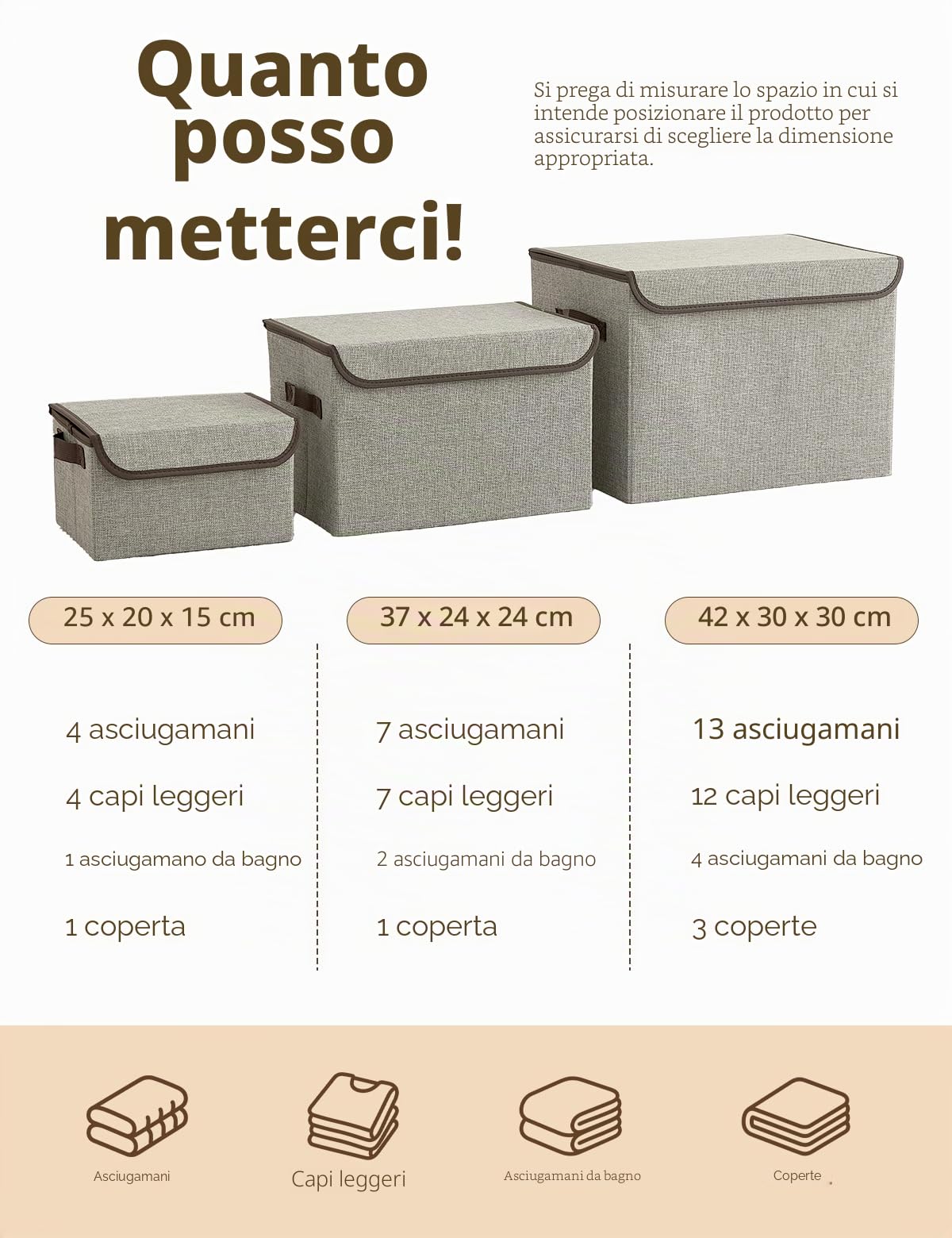 Bagnizer Scatole portaoggetti in tessuto con coperchi e manici, per vestiti, giocattoli, piccole scatole portaoggetti, pieghevoli, per armadio, camera da letto, ufficio, 37x24x24CM, 3 Pezzi, Beige