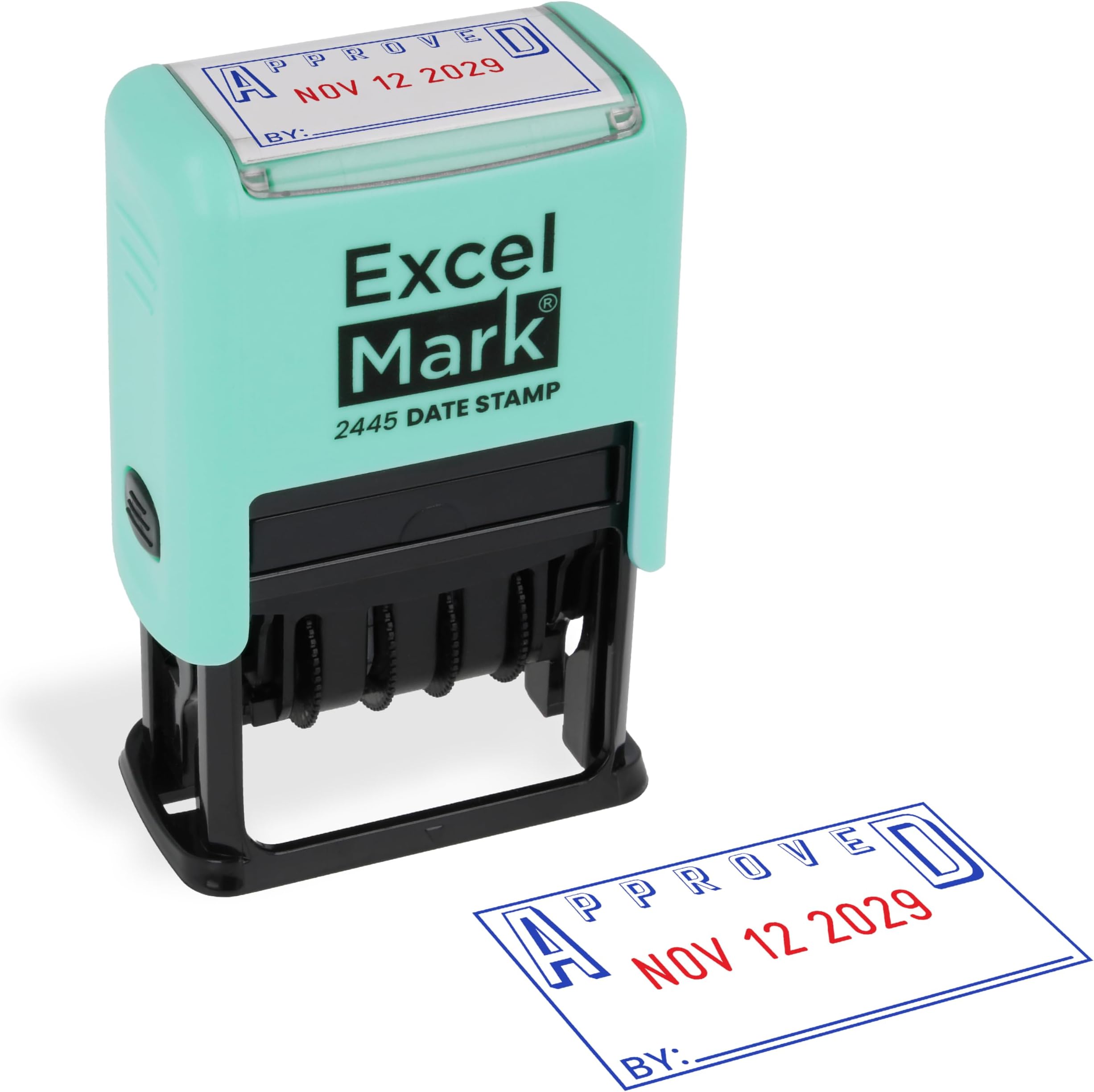 ExcelMark 2445 Date Stamp with Text - Blue and Red Ink (Seafoam Mount, Approved)