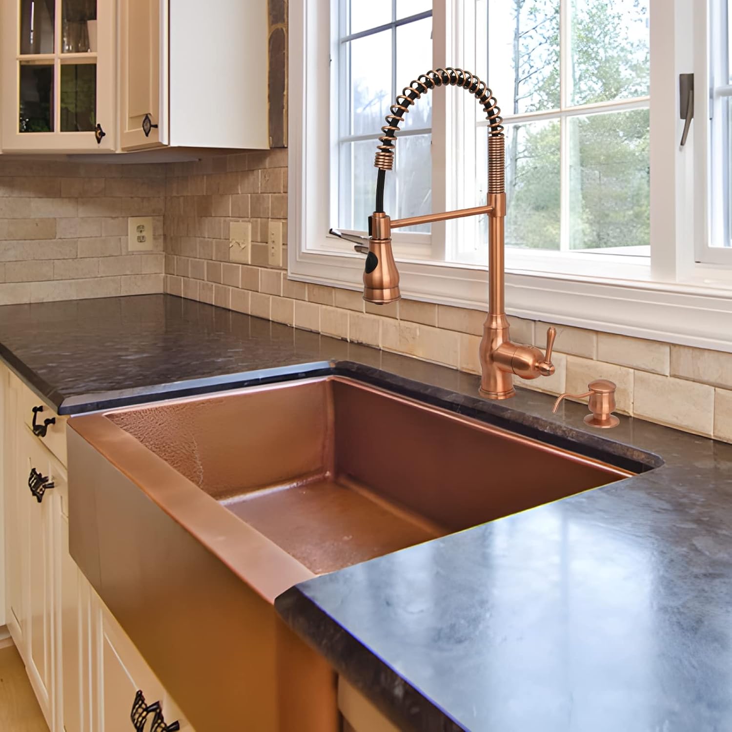 Akicon Copper Single Handle Pull-Down Copper Kitchen Faucet with Spring Spout