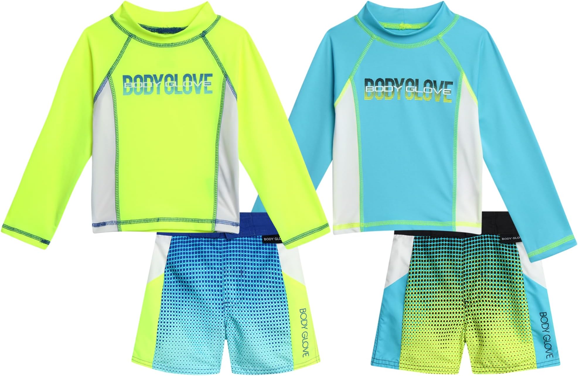 Body GloveToddler Baby Boys' Rash Guard Set - 4 Piece UPF 50+ Short Sleeve Swim Shirt and Bathing Suit Swimsuit Set for Boys