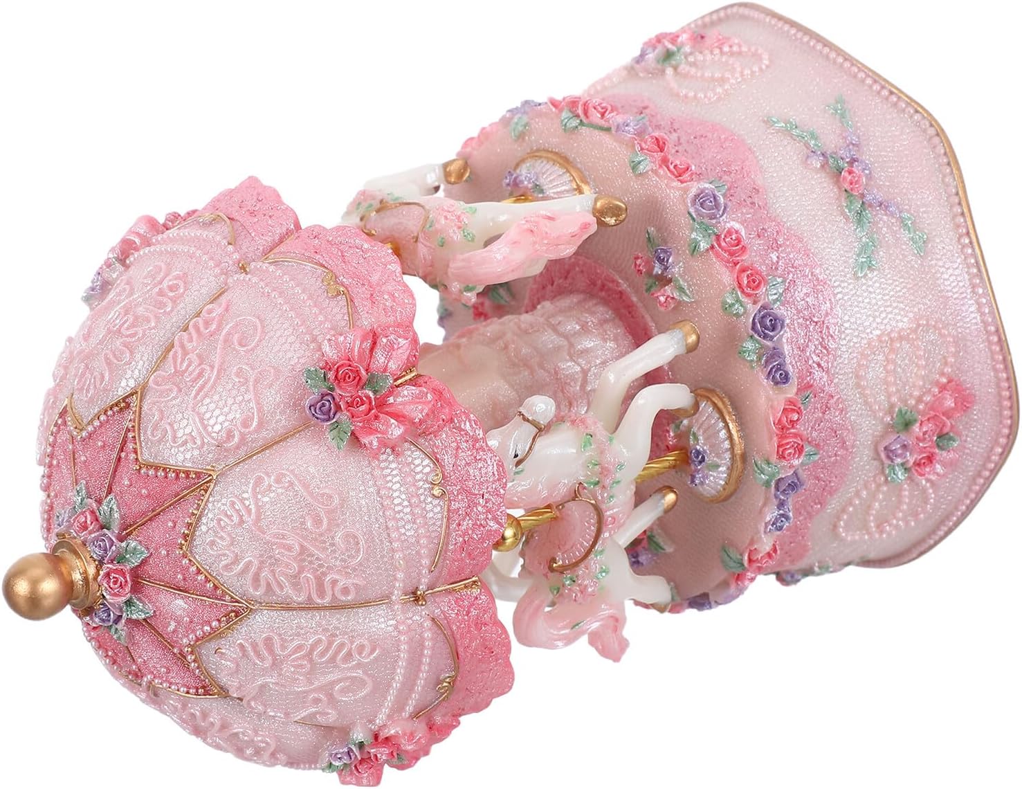 Carousel Music Box with Colorful LED Lights, 3-Horse Rotating Vintage Musical Box, Wind-up Mechanism for Christmas and Birthday, Pink Decorative Home Accent and Adults