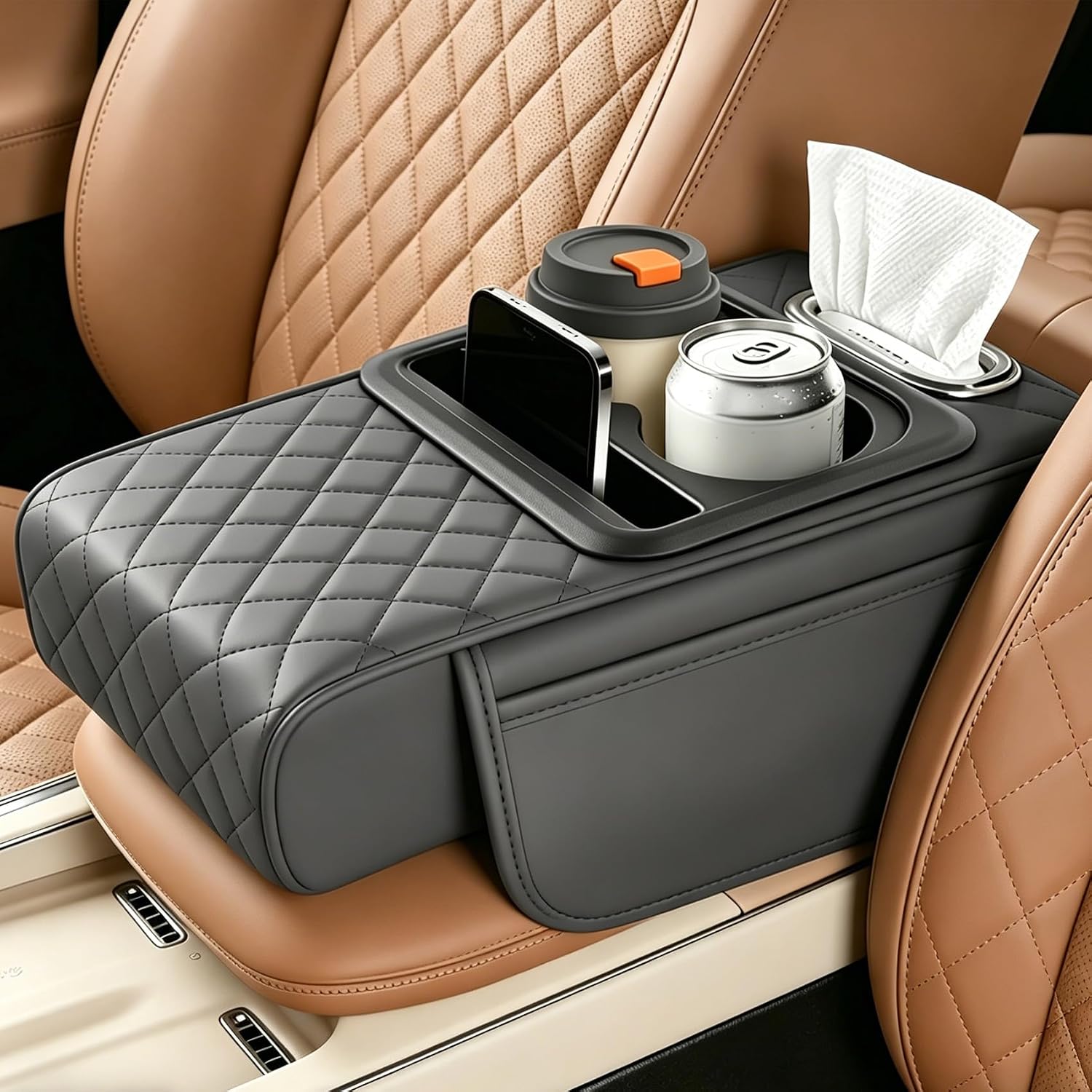 5 in 1 Car Center Console Cover, Car Armrest Cover with Cup Holder, Leather Auto Armrest Box Pad with Phone Holder & Storage Bag, Memory Foam Middle Console Cushion for Vehicles (Grey)