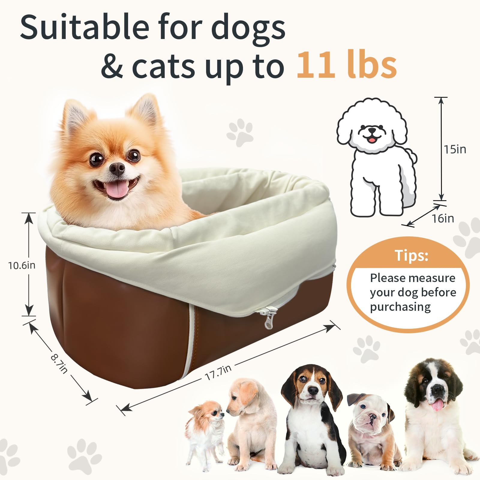 Asiento de coche para perros pequeños, asiento elevador portátil con cinturón de seguridad, base antideslizante y bolsillos de almacenamiento, se adapta a perros de hasta 11 libras (cuero