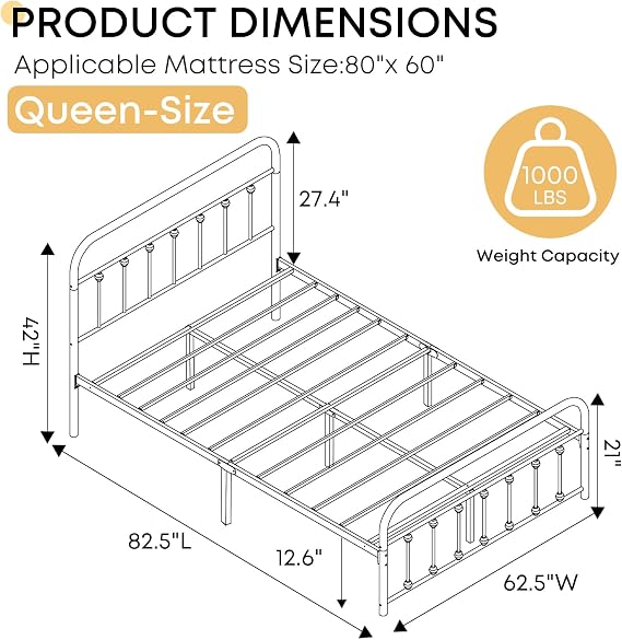 Queen Bed Frame-Classic Metal Platform Bed Frame Mattress Foundation with Victorian Style Iron-Art Headboard/Footboard/Storage Space/No Box Spring Needed/Black