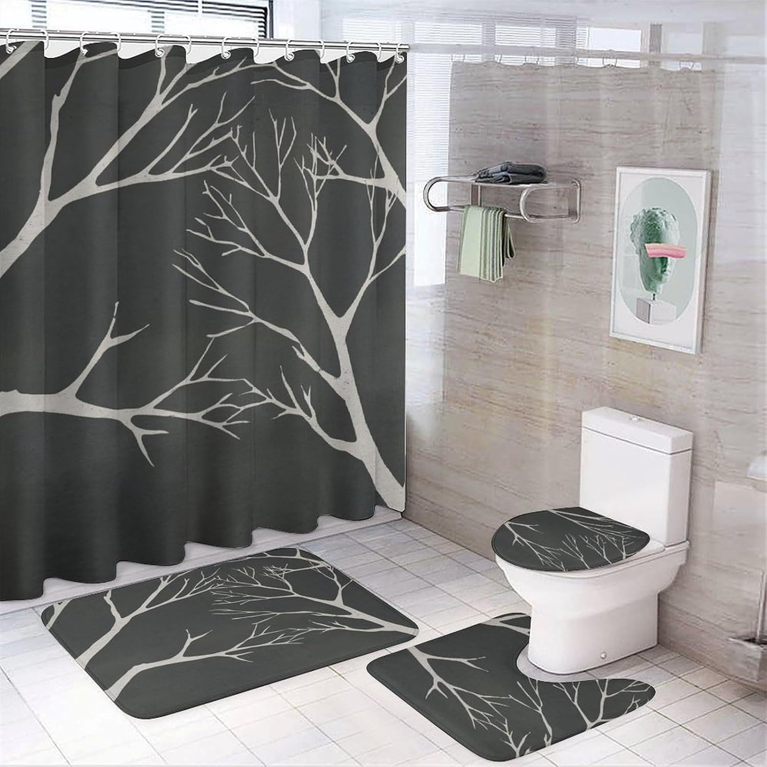 Bathroom Mat Set, Floral Pattern Printed on Bath Sets for Bathroom Accessories, Perfect for Bathroom Hotel Dorm Spa Home, 72 x 72 inches