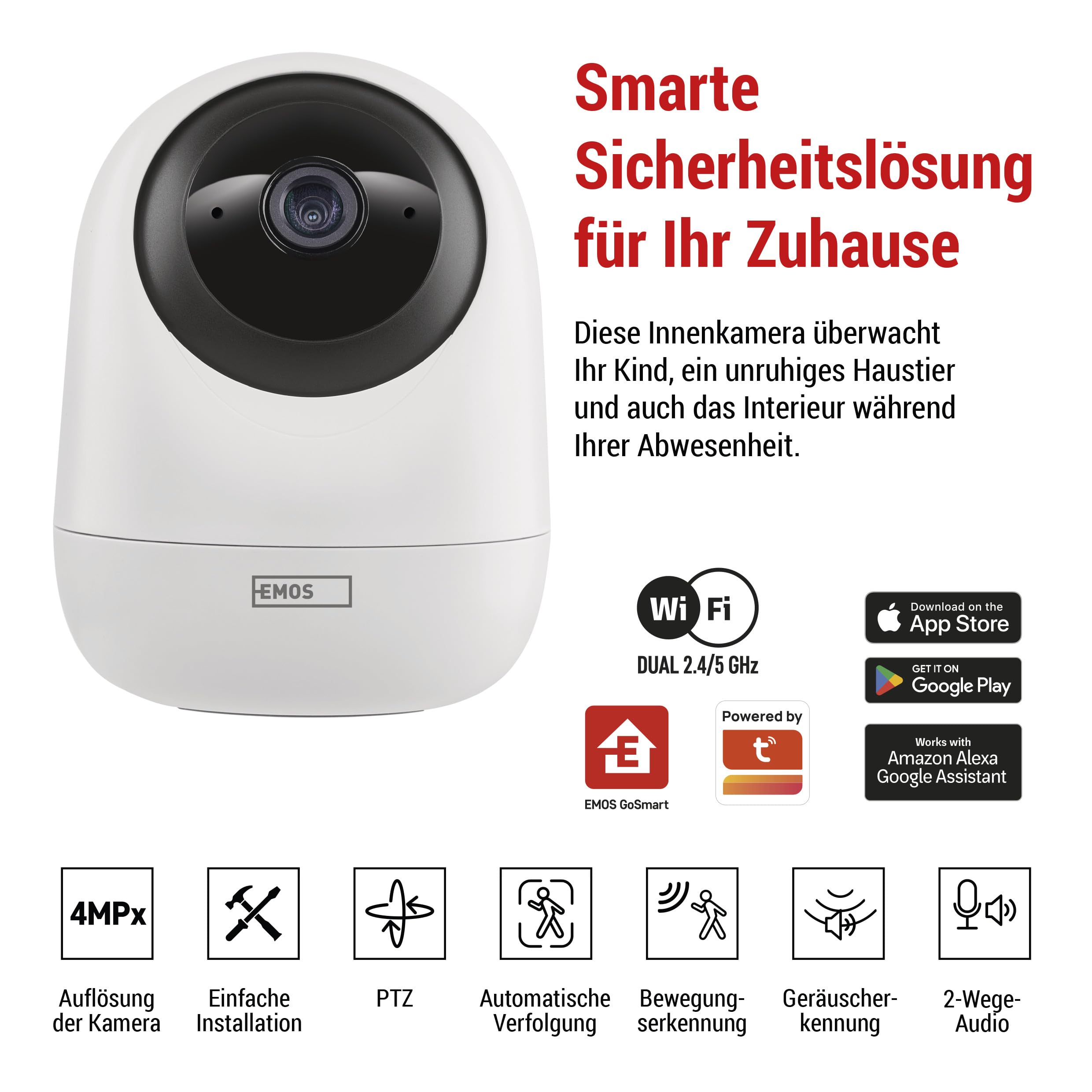 EMOS GoSmart Indoor Überwachungskamera 4MP mit Dual-WiFi und App, Smart Home IP-Kamera mit 2560x1440 Auflösung für Innenbereich, mit Bewegungserkennung und -Tracking, Nachtsicht und Bereicheinstellung
