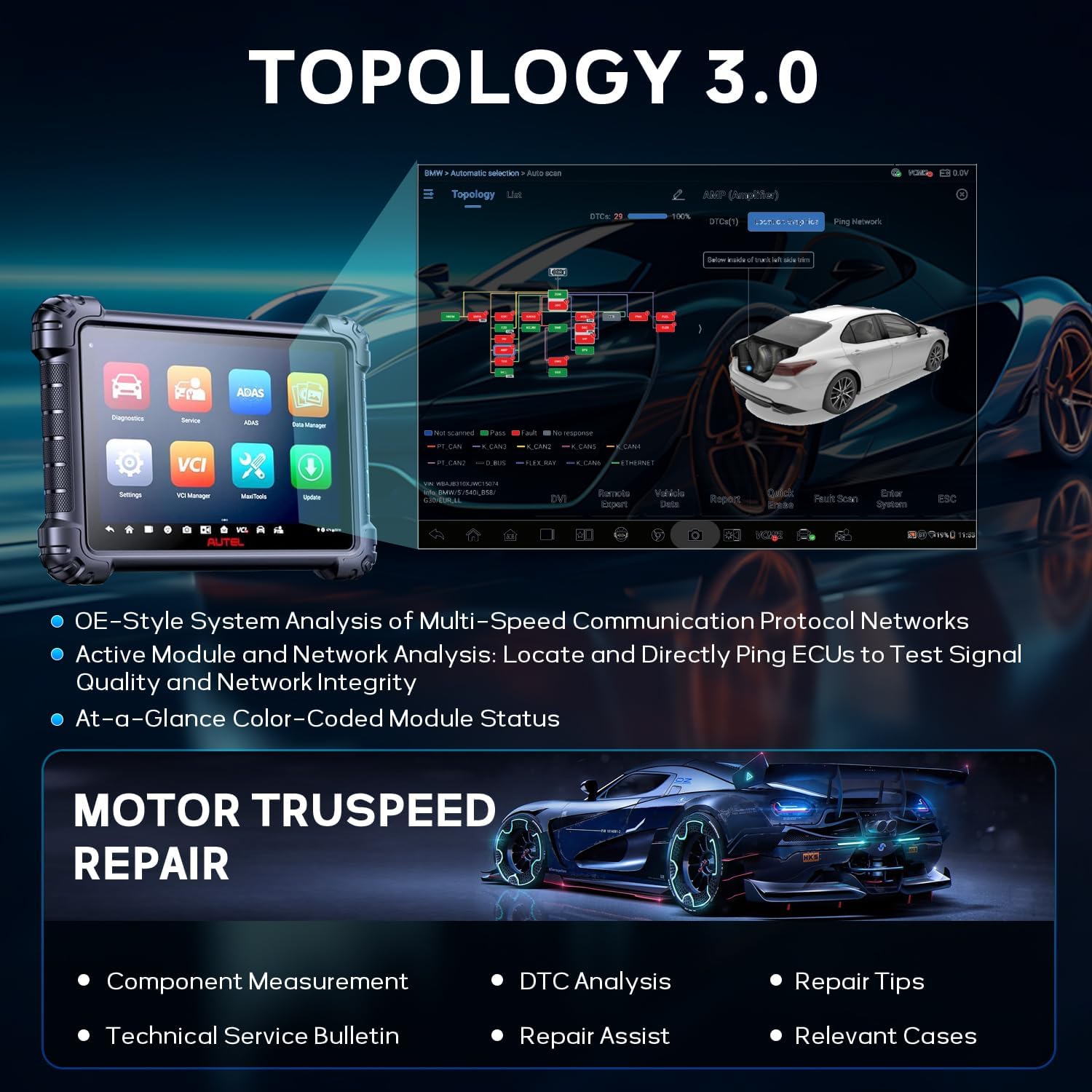 Autel MaxiSys MS909S2 displaying Topology 3.0 network analysis, showing color-coded module status and a car graphic.