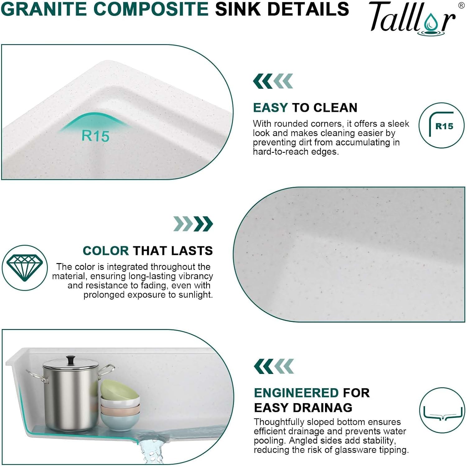 28 Inch Granite Composite Kitchen Sink - White Undermount Workstation All-In One Quartz Classic Single Bowl Sink Basin with Accessories, 28x19#TLGU-106