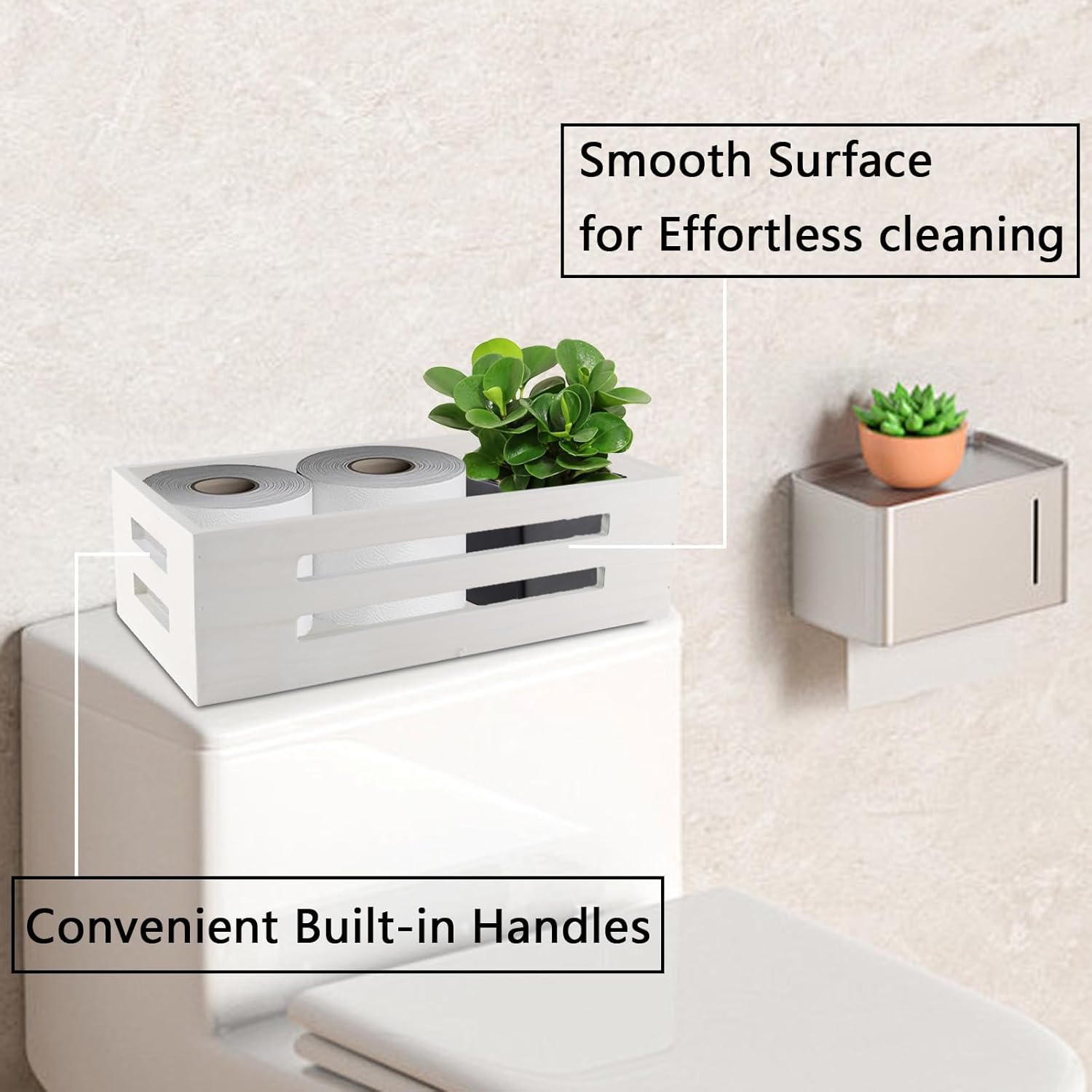 Toilet Paper Storage Basket with Handles, Wicker Toilet Tank Basket, Wooden Bathroom Basket Organizer for Rustic Decor, Space-Saving Wicker Bins for Bathroom or Guest Room-White