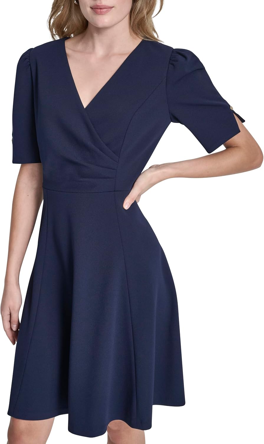 DKNY Womens Short Sleeve Surplice Neck Scuba Crepe Dress