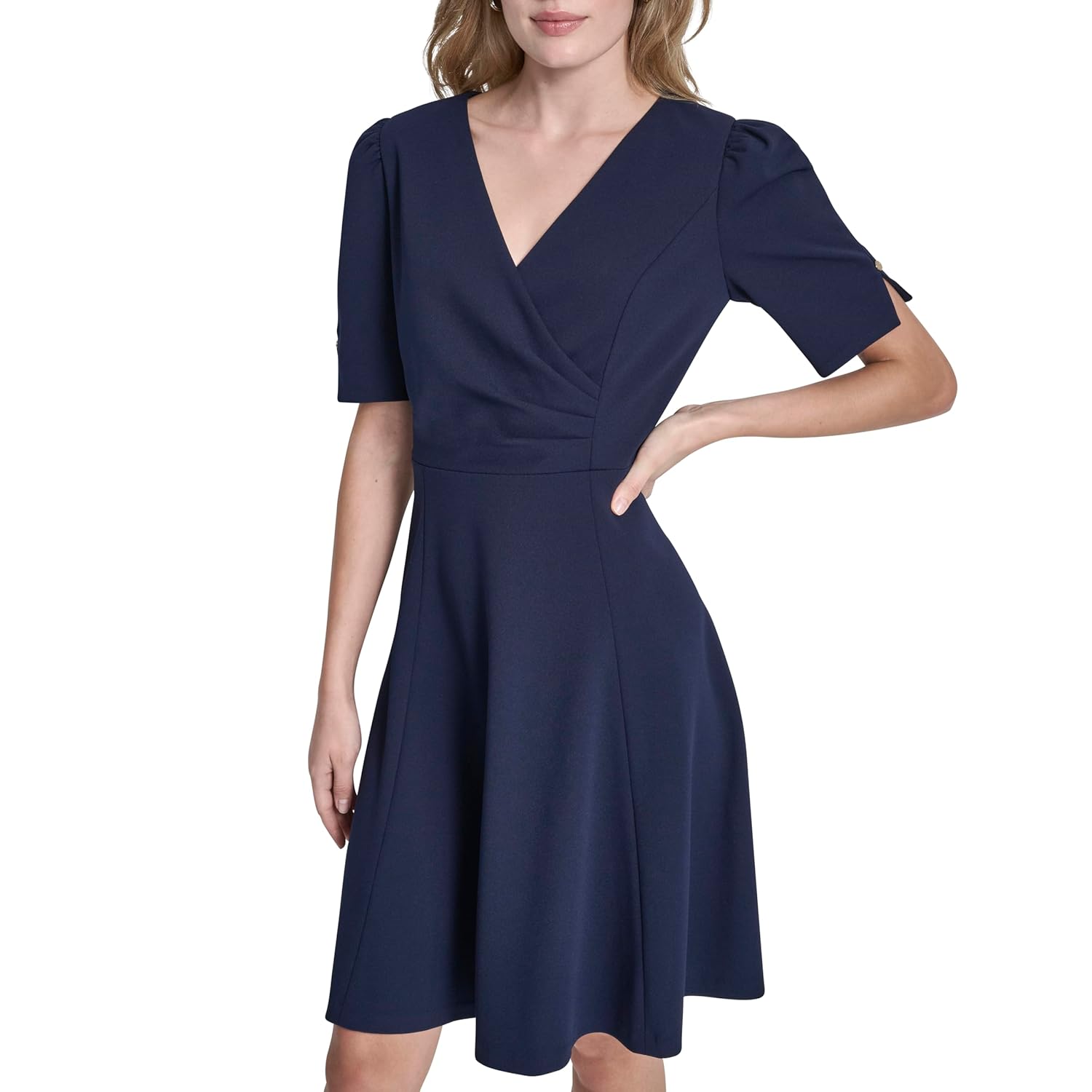 DKNY Women's Short Sleeve Surplice Neck Scuba Crepe Dress