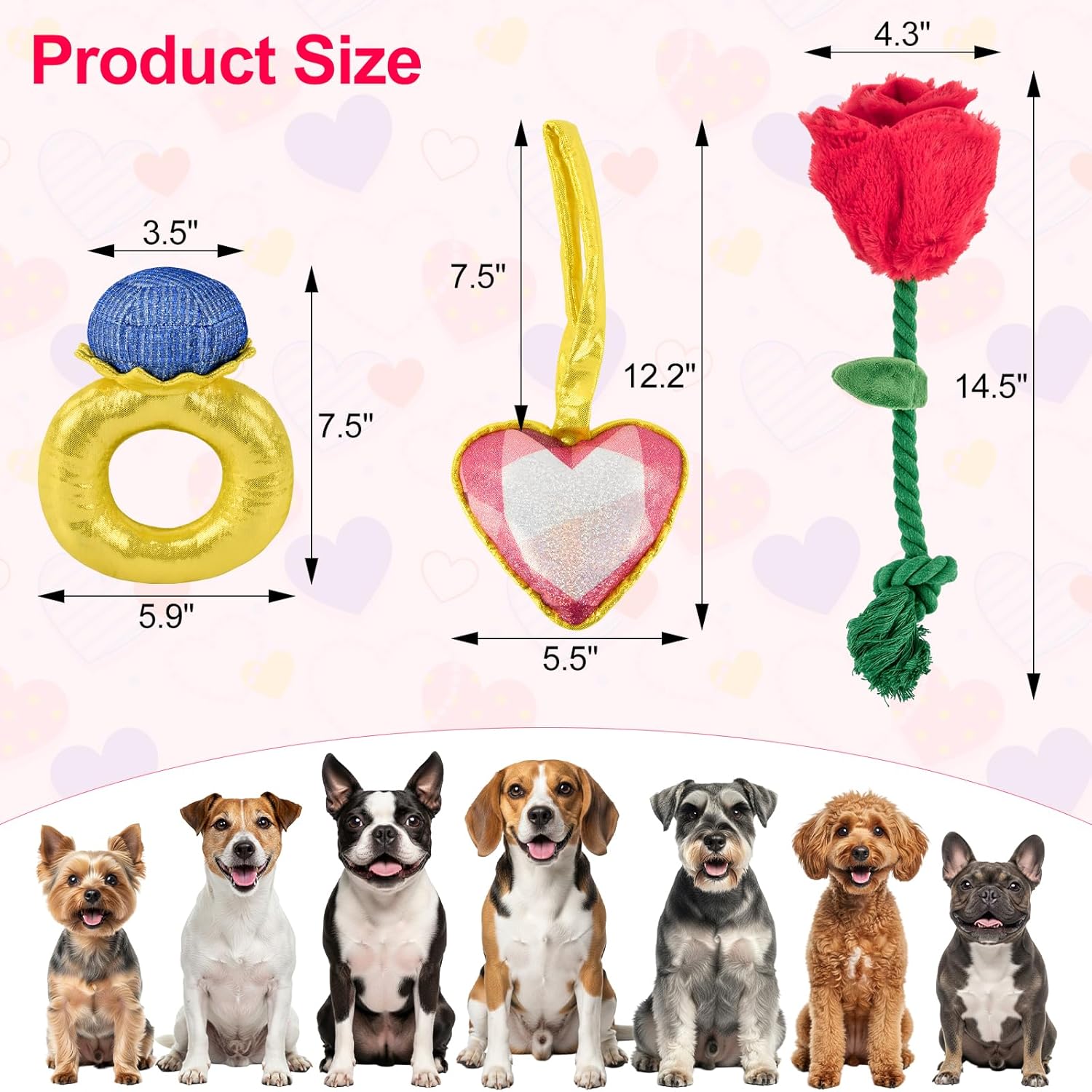 Vehomy Valentine's Day Dog Toys Set- Puppy Diamond Ring Toy with Squeaker Dog Crinkle Rose & Squeaky Love Heart Toys 3-Pack Valentines Pet Toy for Small Medium Dogs