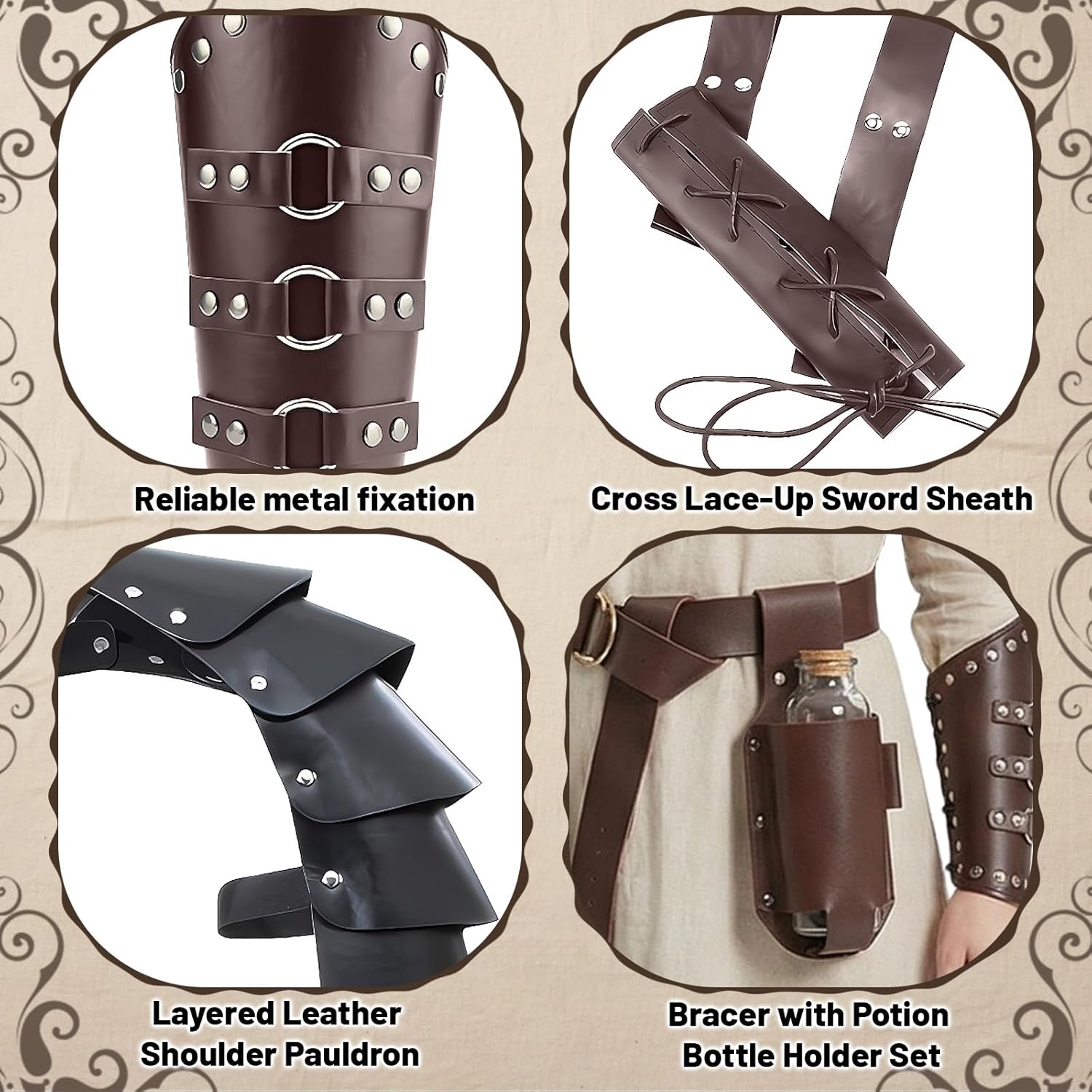 nezababycos Mens Medieval Knight Accessories Renaissance Costume Leather Shoulder Armor Bracers Belt Viking Ren Faire Cosplay - Image 4