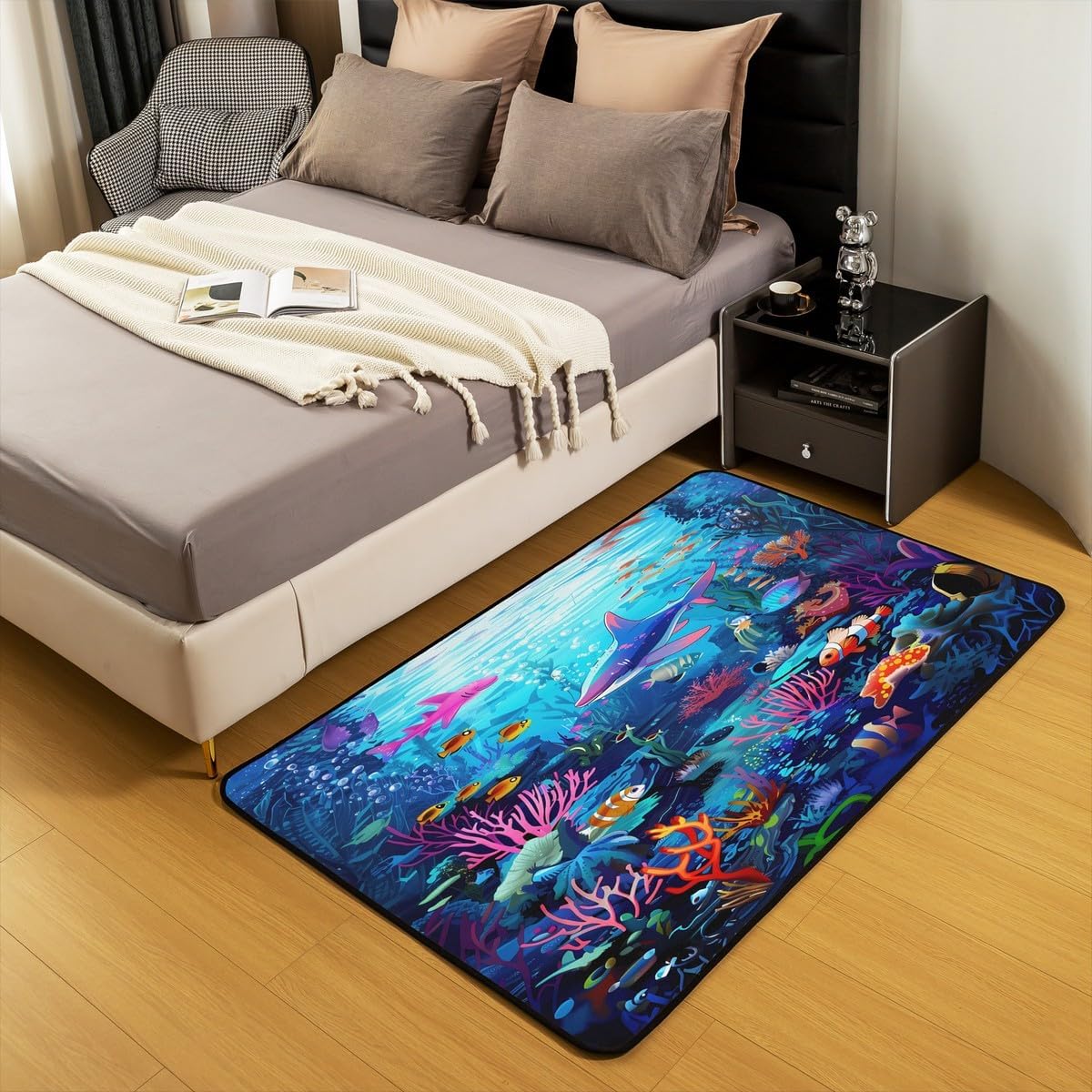 Feelyou Kids Shark Area Rug 3x5 Ocean Sea Animal Living Room Rugs for Boys Girls Sea Underwater World Decorative Carpet Set Coral Coralline Indoor Floor Mat