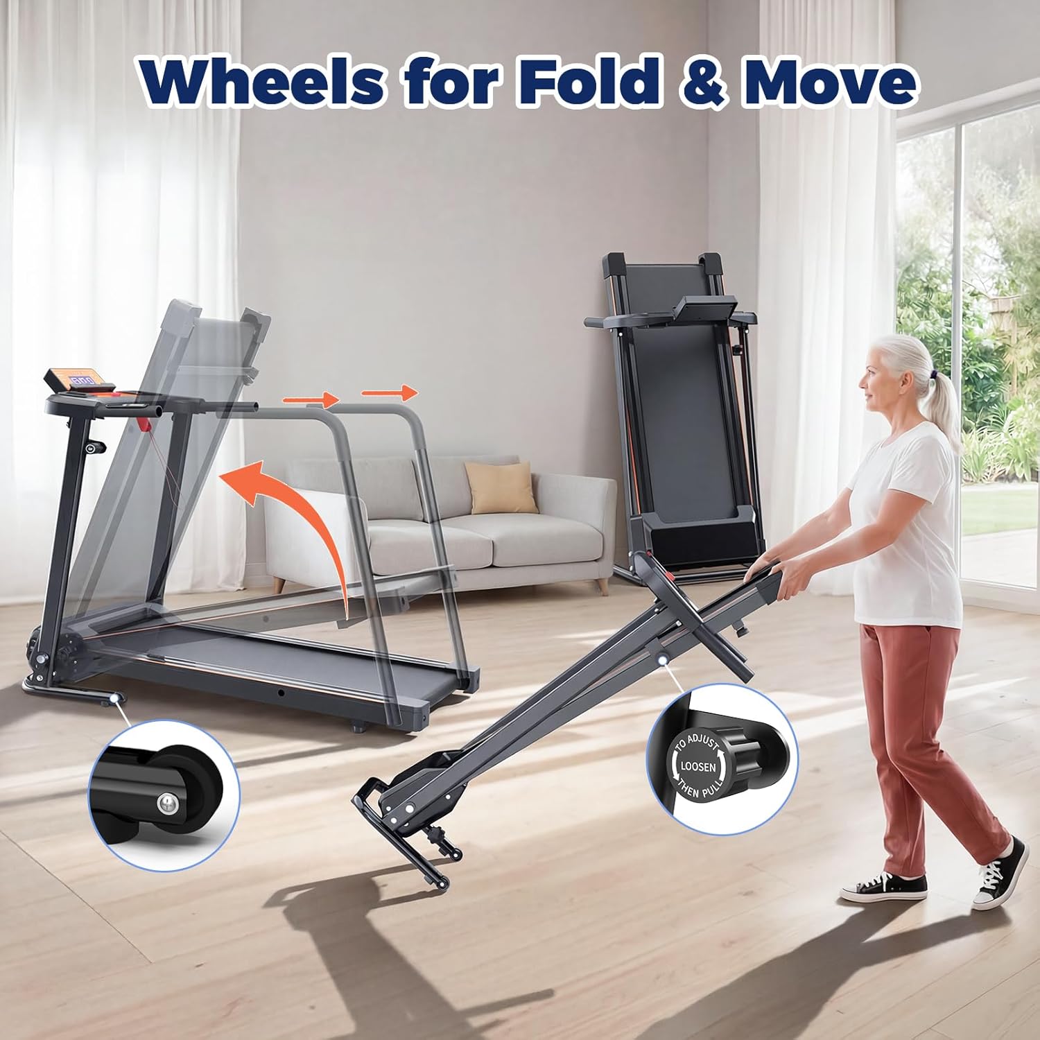 Senior-Friendly Treadmill with Ultra-Long Handrails for Home, Easy Operation Treadmill for Senior Elderly with PAD Holder & Cup Holder, with Heart Rate Monitor, 300 LBS Capacity, Safety Design