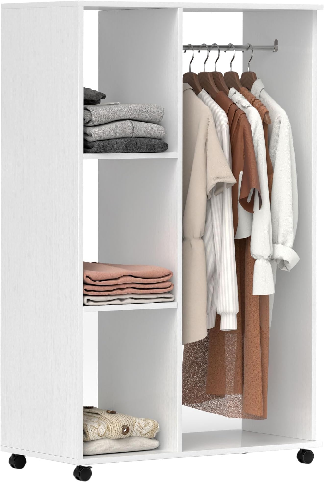 HOMCOM Open Wardrobe on Wheels, Bedroom Wardrobe with Clothes Hanging Rail, 3 Storage Shelves, Mobile Garment Rack for Cloakroom, Hallway, White