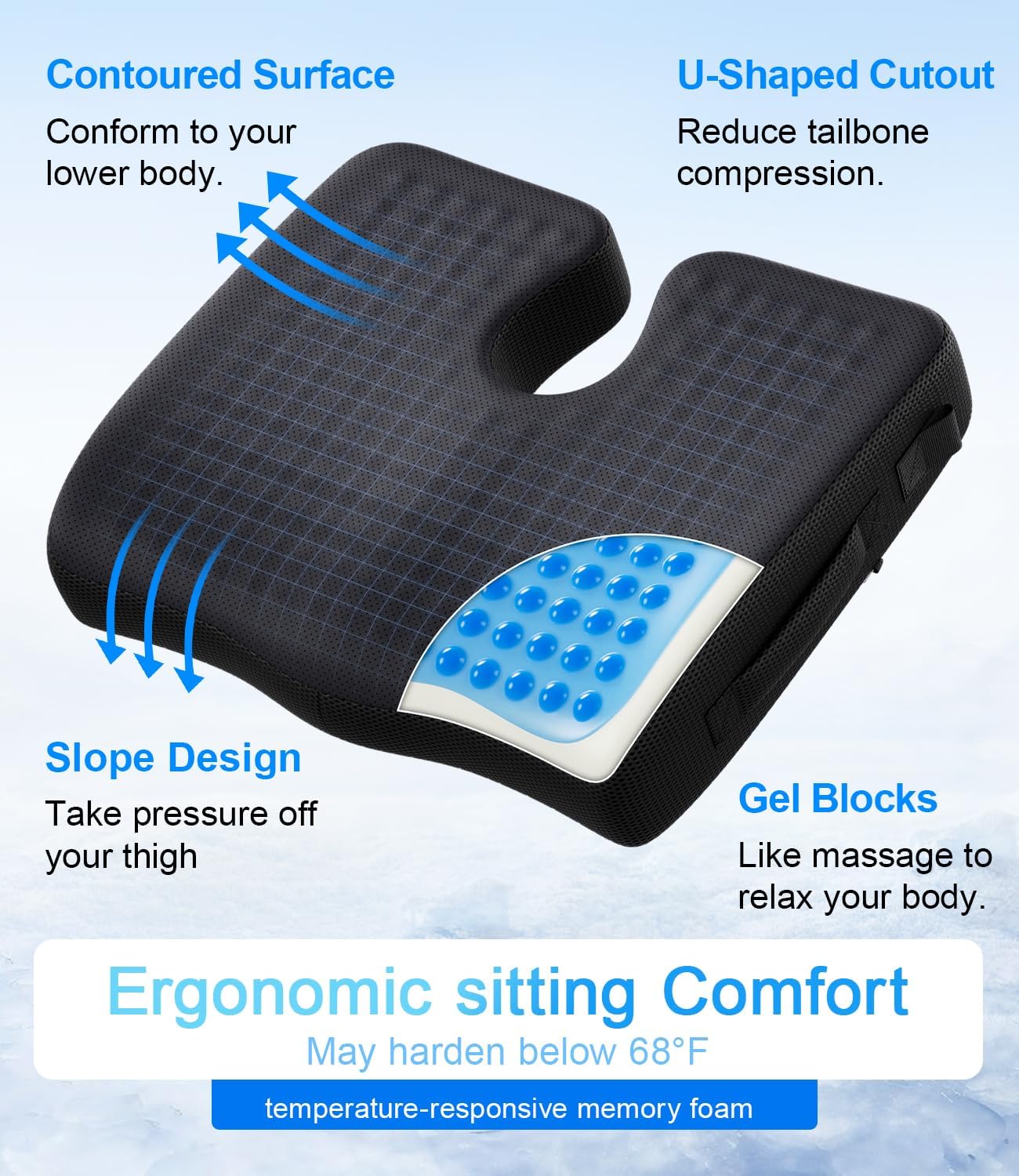 Wheelchair Seat Cushions Cooling, Ergonomic Seat Cushion, Waterproof Silk Fabric, Memory Foam Cooling Gel Office Chair Cushion for Hip Support, Relieve Sciatica, Back, Coccyx, Pressure Sore
