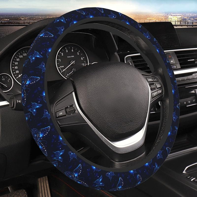 Capa para Volante Yiohaha com Estampa Borboleta Celestial Azul Neon em Neoprene, 38,1 cm
