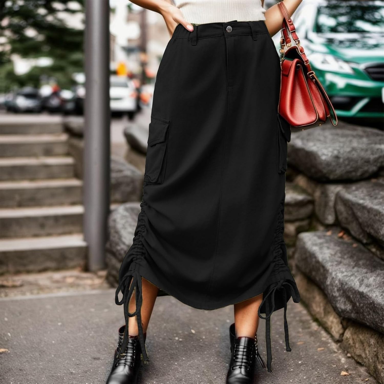 【BAON】Rayden Banding Waist String Cargo Padding Long Skirt Amazon.com: Women's Long Cargo Skirt Low Waist Ruched
