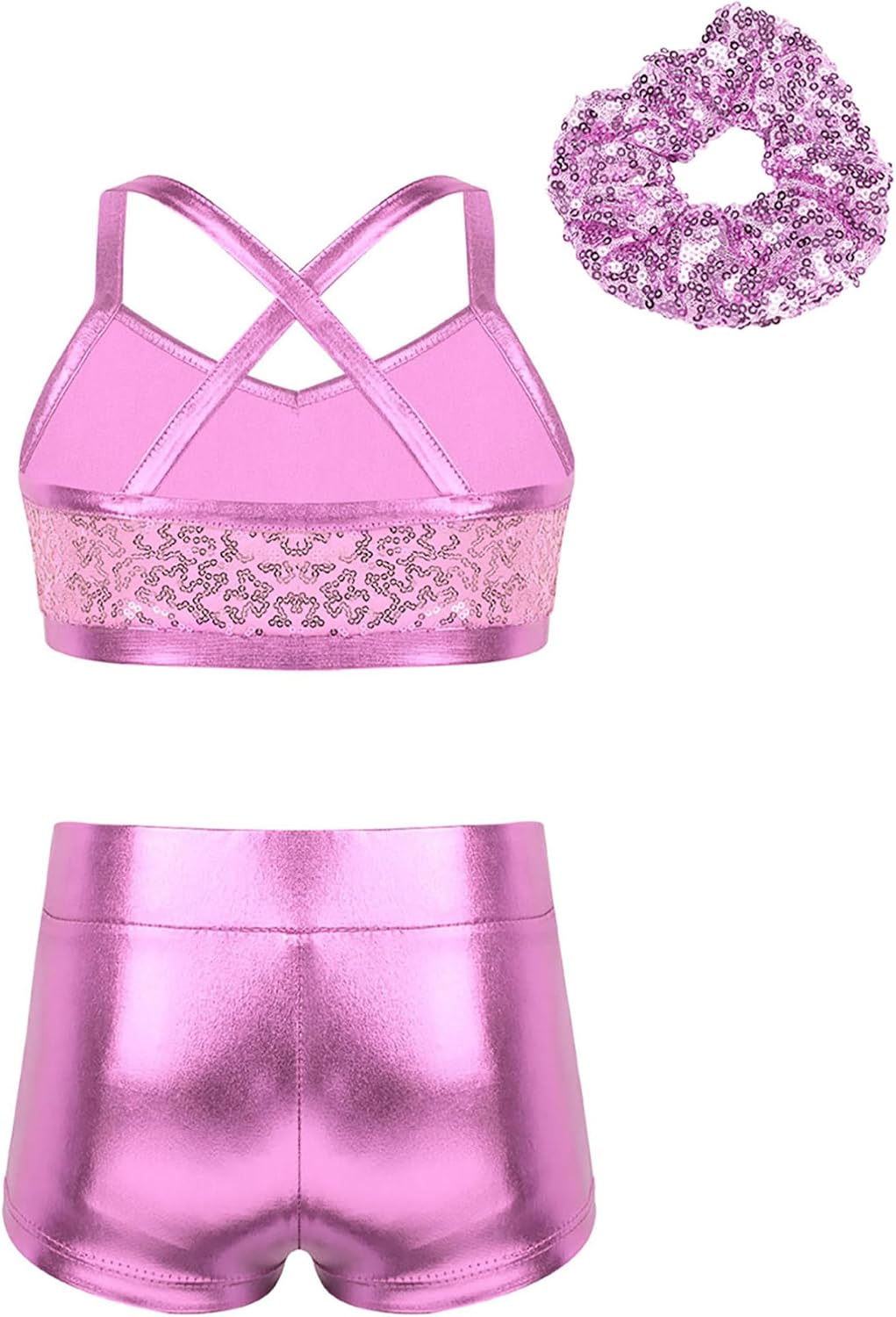 YiZYiF Girls' Sequins Cami Tops with Metallic Bottoms Sports Tracksuit Gymnastics Workout Dance Outfit with Scrunchie