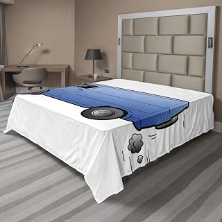 Lunarable Transportation Flat Sheet, Cartoon Art Style Image Old Retro Cargo Van Automobile Going Fast, Soft and Comfortable Top Sheet Decorative Bedding 1 Piece, Full Size, White Pale Azure Blue