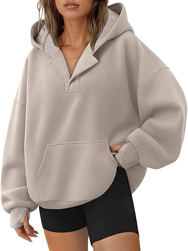 Womens Oversized V Neck Hoodies with Thumb Hole Pullover Sweatshirts