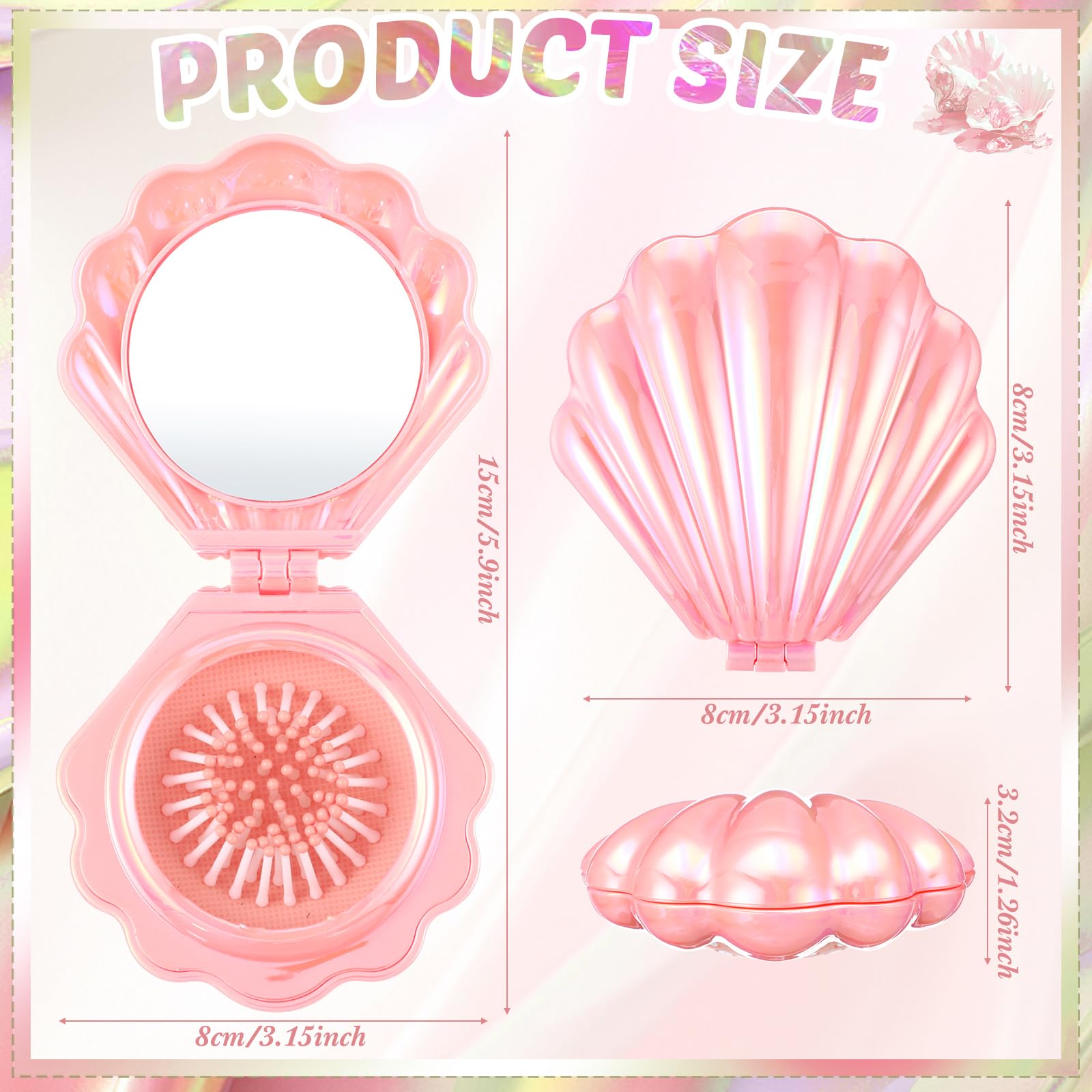 Meanplan 12 mini cepillos plegables de viaje con forma de concha de espejo, espejo de maquillaje, cepillo compacto para masaje de cabello para mujeres y niñas, peinados de despedida de soltera, regalo