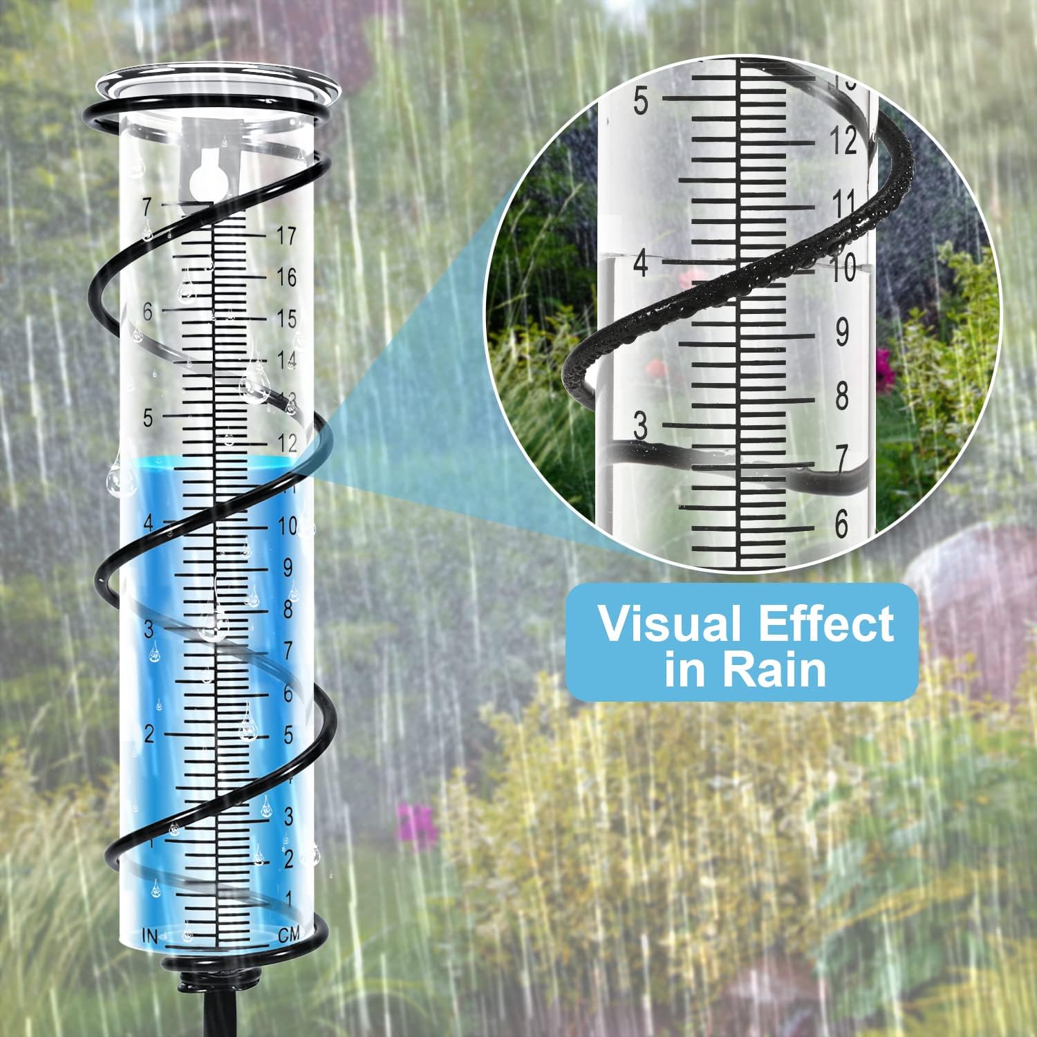 Home 7" Glass Rain Gauge Outdoor, Detachable Rain Gauges for Yard with Metal Stake and Hanger Hole Decorative for Garden, Deck, Lawn