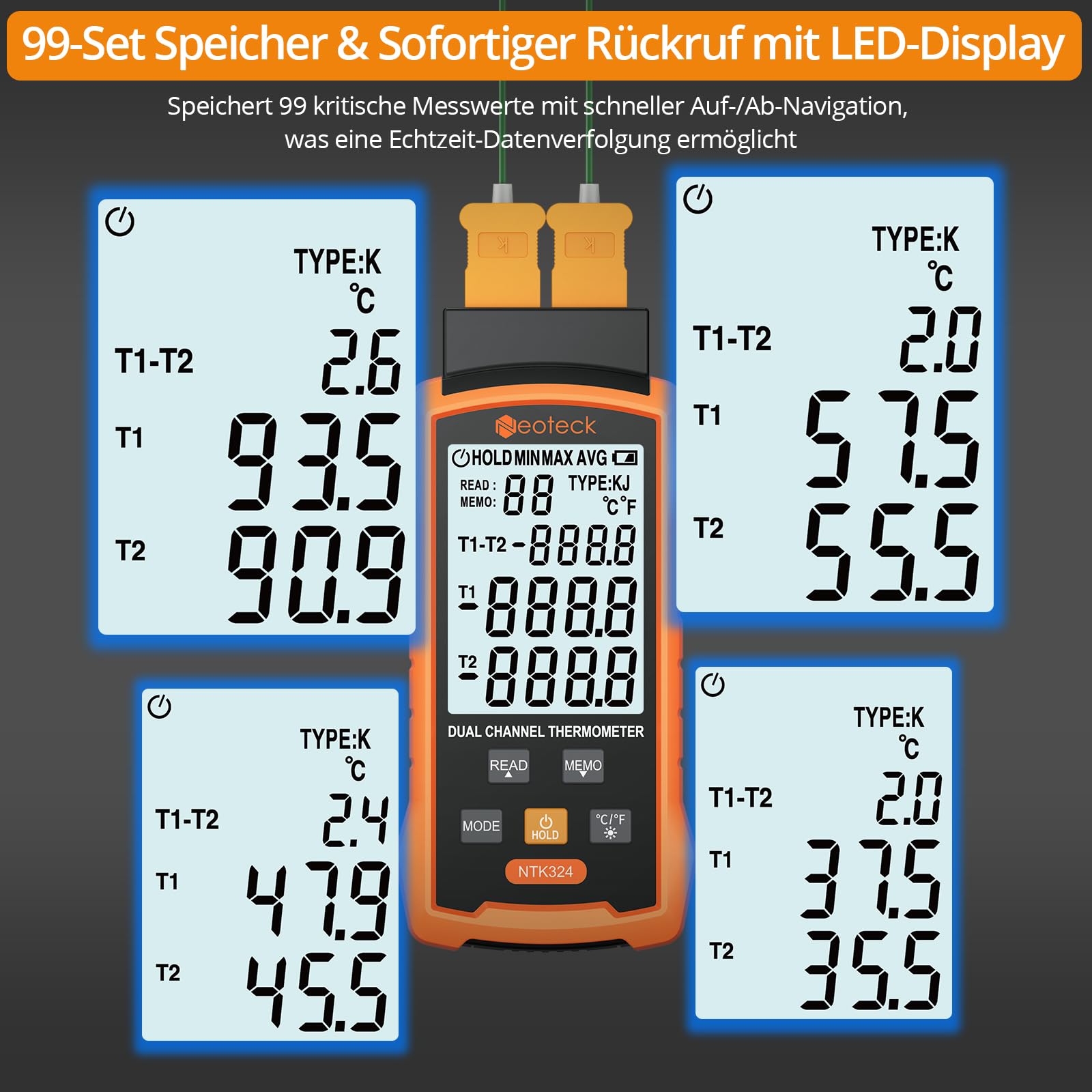 Neoteck Digital Thermoelement Thermometer Dual Kanal K/J Digitales Thermometer mit 4 Thermoelementen -50~1300°C Zweikanal-Temperaturmessgerät für HLK, Automobilen, elektrischer Wartung