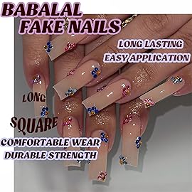 BABALAL Press on Nails Long Square Fake Nails Nude Glue ons Nails Colorful Rhinestone Flower Design Bling Acrylic Nails 24Pcs Squoval Full Cover False Nails Supplies Natural Stick on Artificial Nails