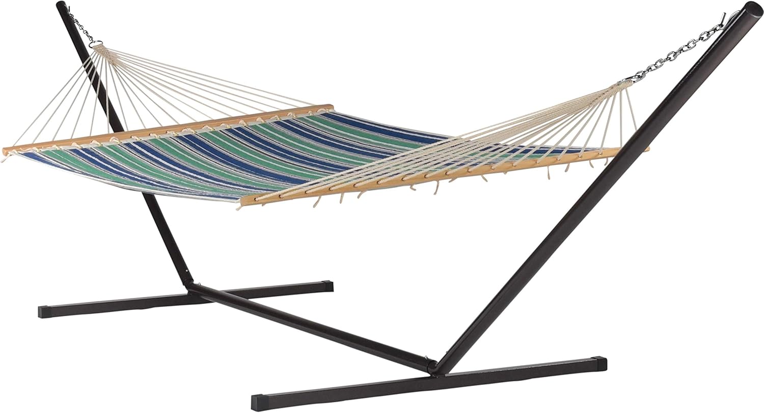 Quilted Hammock and Tribeam Stand (Green and Blue Stripe with TRIBEAM Stand Mocha)