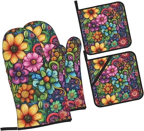 Miniatura 8 de Juego de 4 manoplas de horno y soportes para ollas, guantes de cocina de mármol negro y dorado, resistentes al calor, antideslizantes, para chef,