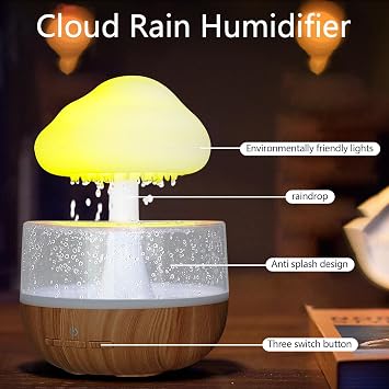 3 in 1 Rain Cloud Humidifier Water Drip, Mushroom Rain Cloud Humidifier, Raining Clouds Night Light/Essential Oil Diffuser, Desk Bedside Clouding Lights for Sleeping Relaxing Mood w/ 7 Colors