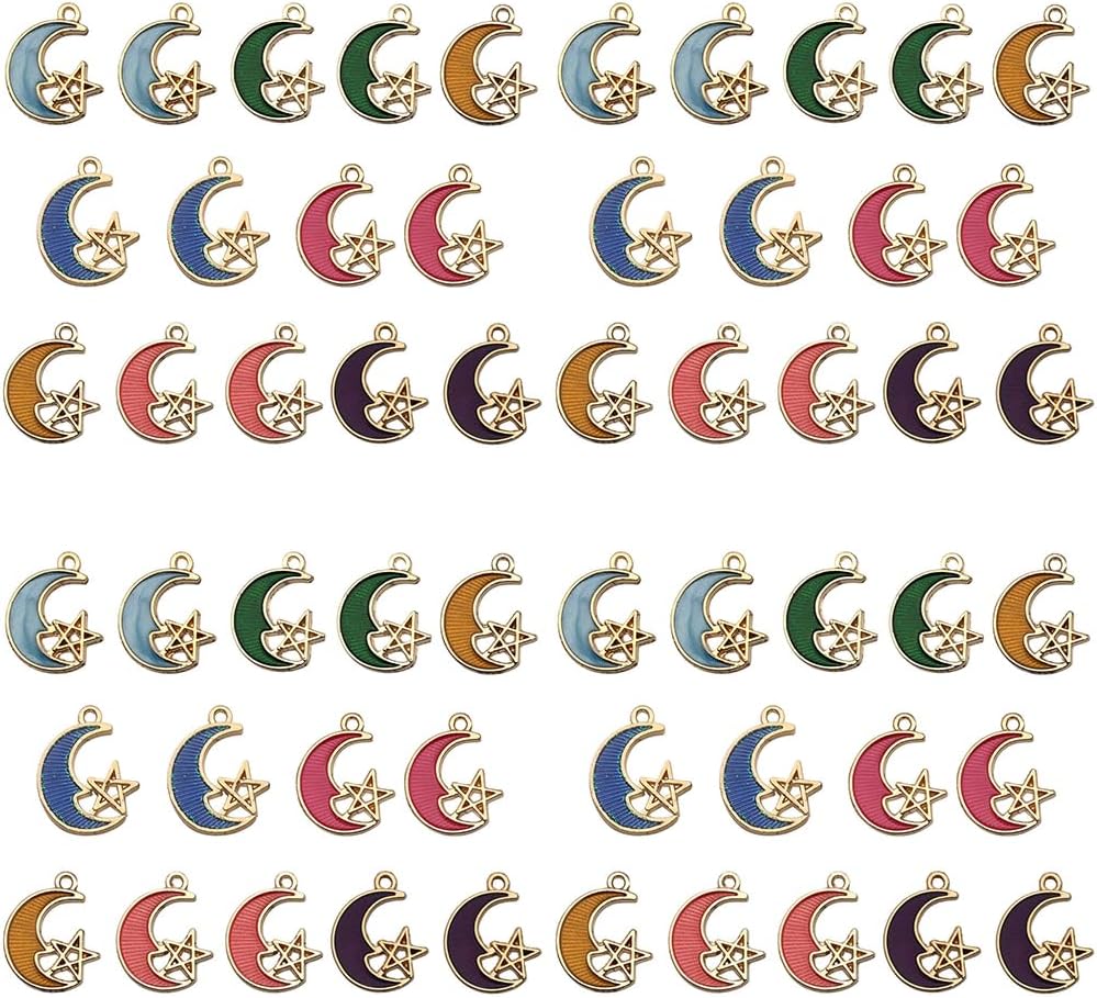 Sailanzi 56pcs Alloy enamel moon and star set Pendant Jewelry Making DIY Keychain Earrings Pendant Various Design Charms for Jewelry Making Bracelets Necklace (SN818)