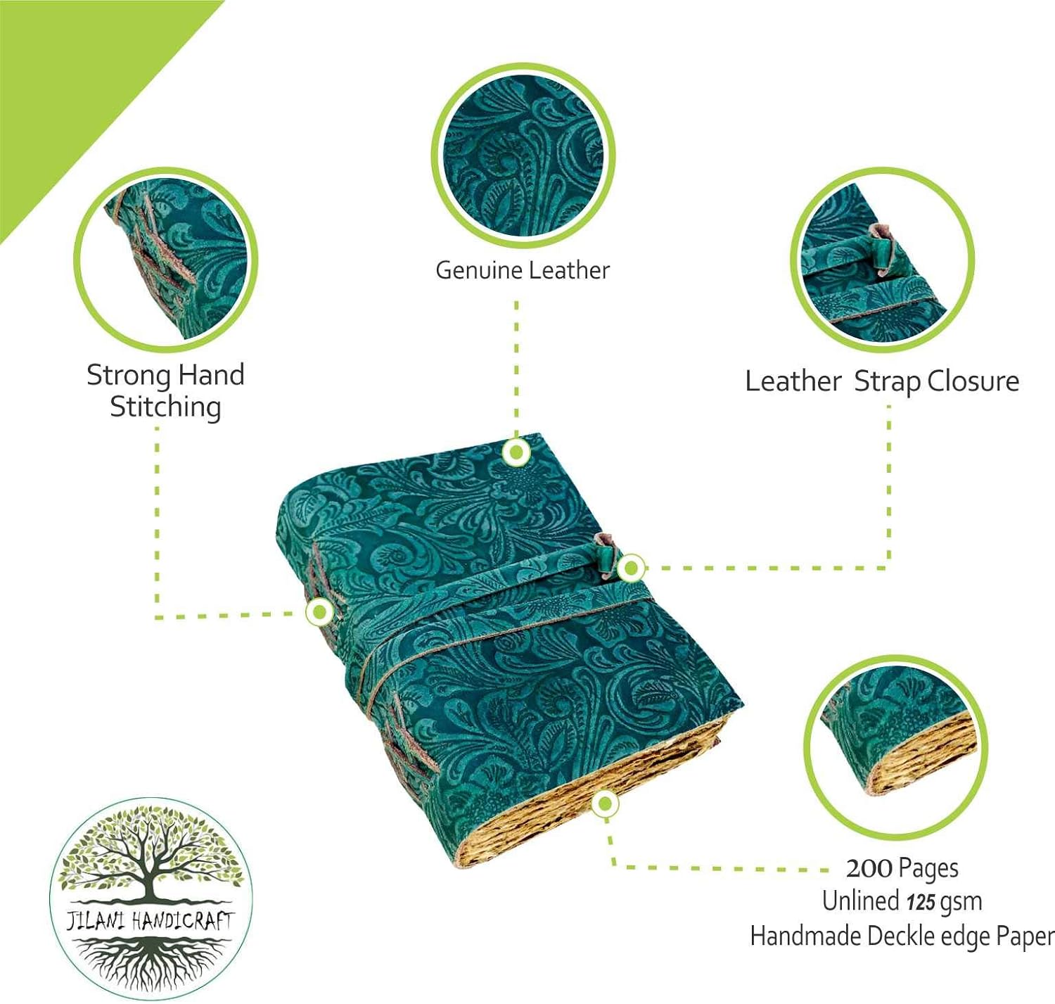Jilani handicraft Leather Journal-Leather Bound Journal Deckle Edge Vintage Paper- Floral Embossed Book of Shadows - Leather Sketchbook-(7 x 5)- WeedGreen, Medium