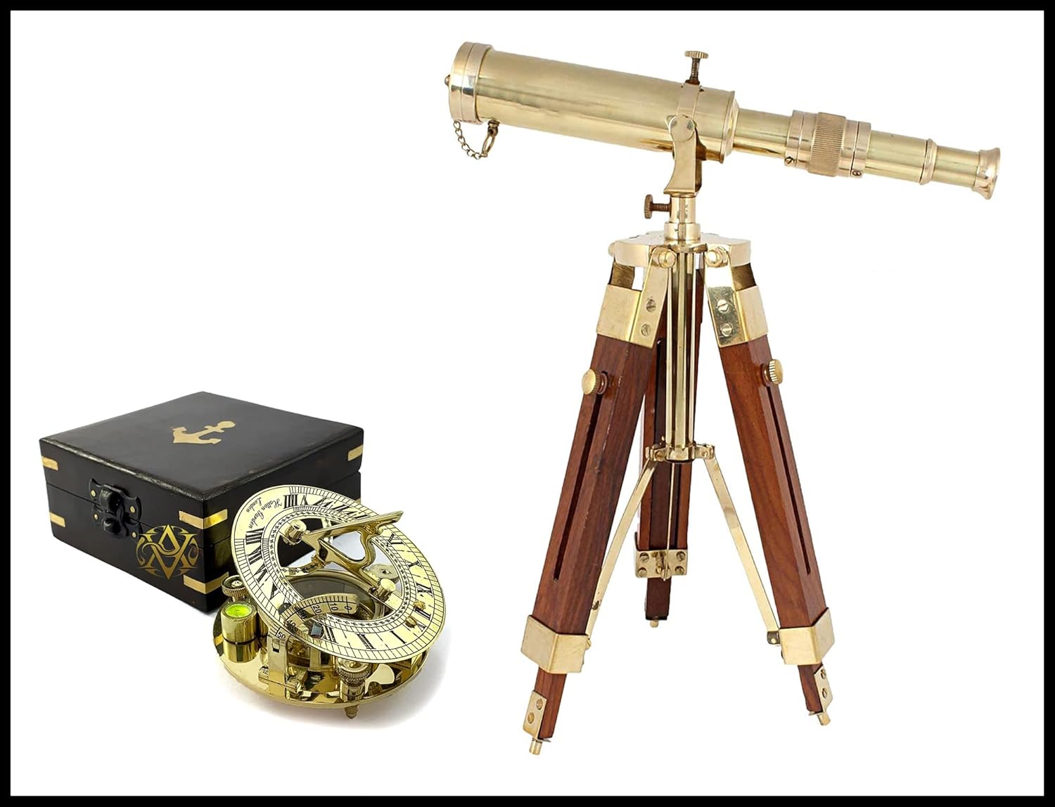 Sailor Pirate Shiny Brass Telescope On Tripod Stand & Nautical Victorian Sundial Compass in Antique Wooden Box