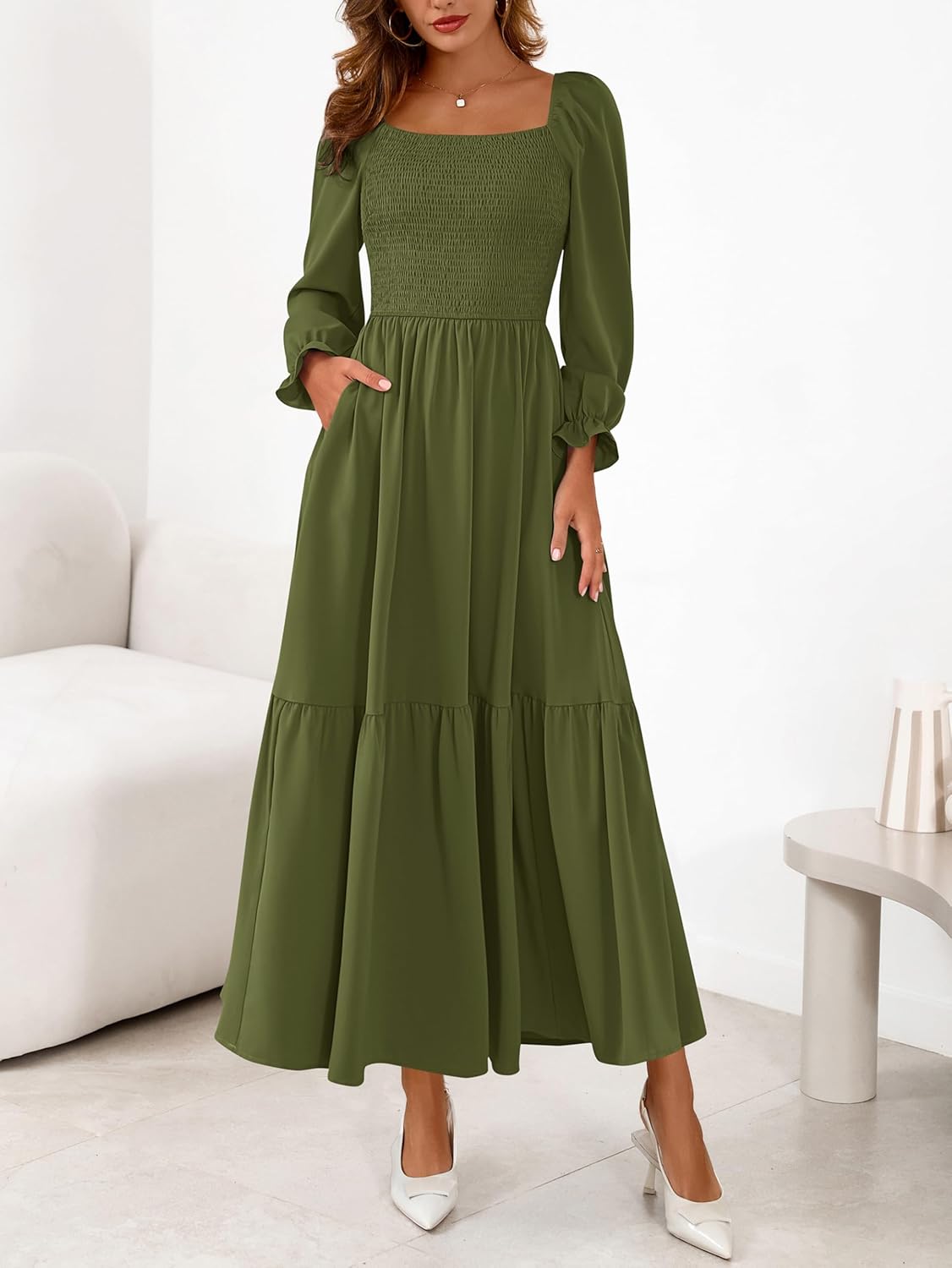 MASCOMODA Womens 2026 Spring Long Sleeve Casual Midi Dress Smocked Square Neck High Waist Flowy A Line Wedding Guest Dresses - Image 2