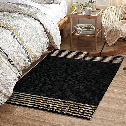 Miniatura 8 de GRUHUM Alfombra de Área de Yute 4x6 pies Negro Cuero Natural Hecho a Mano Boho Granja Rústico Vintage Ecológico Suave Alfombra Trenzada para