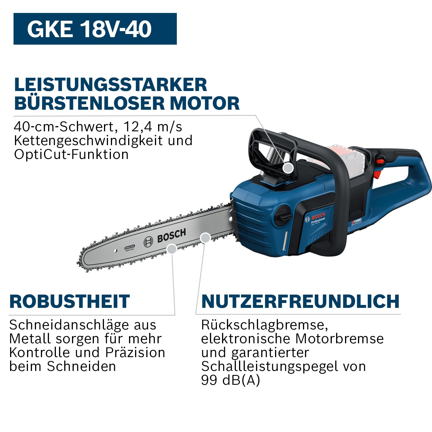 Bosch Professional 18V System Kettensäge GKE 18V-40 (40 cm Schwert, bürstenloser Motor mit BITURBO-Technologie, inklusiv Kombischlüssel, Kettenabdeckung, ohne Akku/Ladegerät)