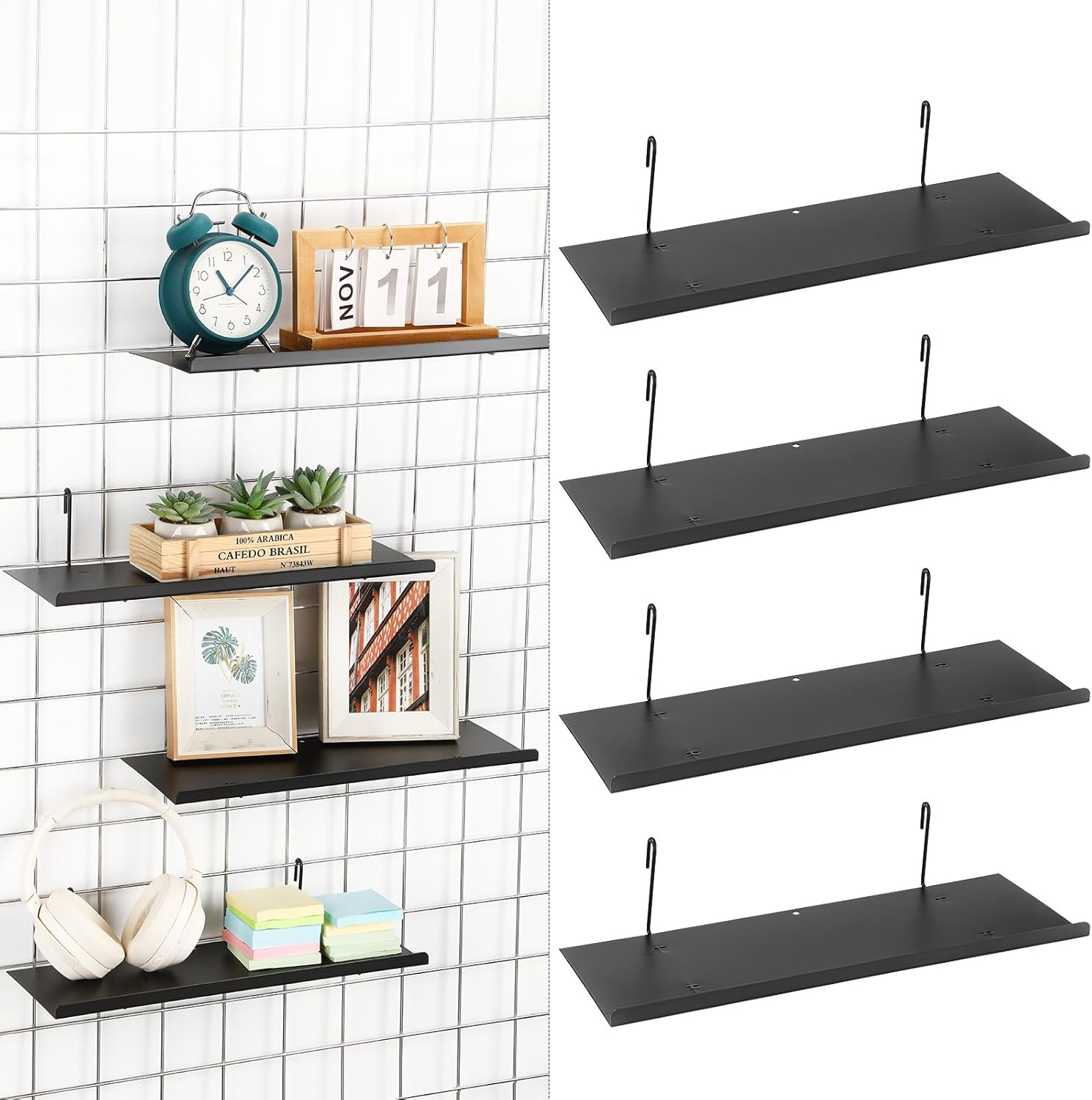 Pinkunn 4 Pcs Gridwall Shelf Metal Hanging Shelf Wall Grid Accessories for Panel Wall Accessories Metal Display Hanging Hooks for Home Show Retail Store Craft (15.75 x 5.91 Inch)