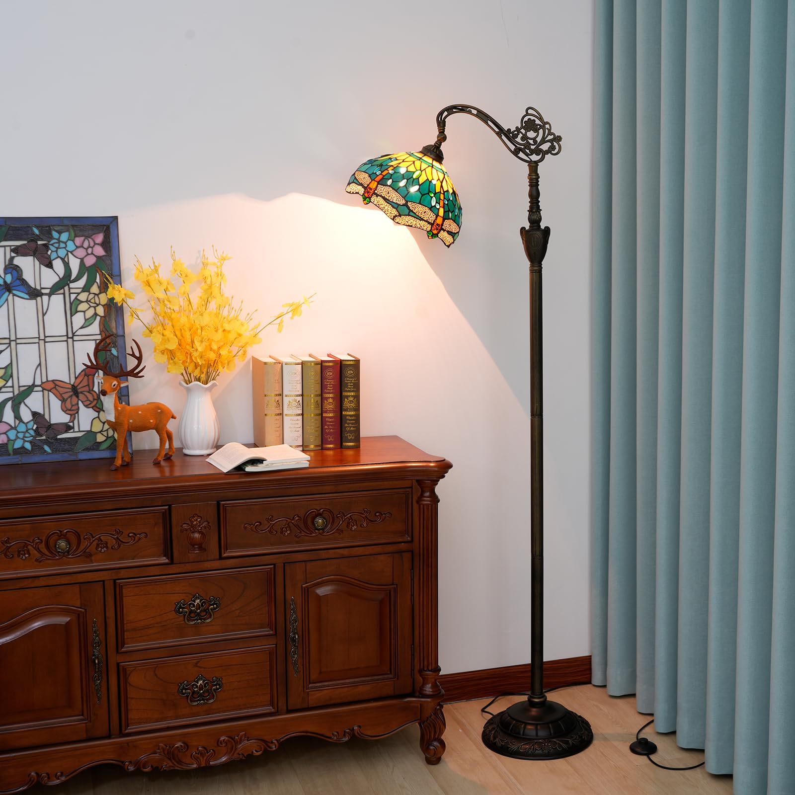 Tiffany Lampa podłogowa zielona ważka lampa do malowania na szkle regulowana gęsia szyjka stojąca lampa do czytania 63 cale wysoka lampa stojąca do salonu sypialni i biura
