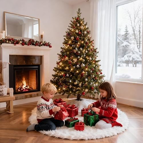 Miniatura 5 de Falda de árbol de Navidad de 36 pulgadas, falda de terciopelo de felpa blanca de piel sintética para decoración de árbol de Navidad