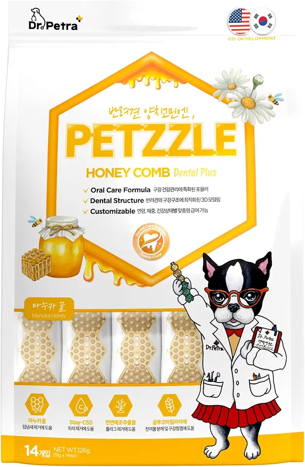 DR.PETRA PETZZLE Honeycomb Dental Plus Dog Dental Chews, Treats, Dog Teeth Cleaning, Dental Care Snacks - Tartar & Breath Care Formula (Manuka Honey Flavor), 14 Treats (4.45 oz.)