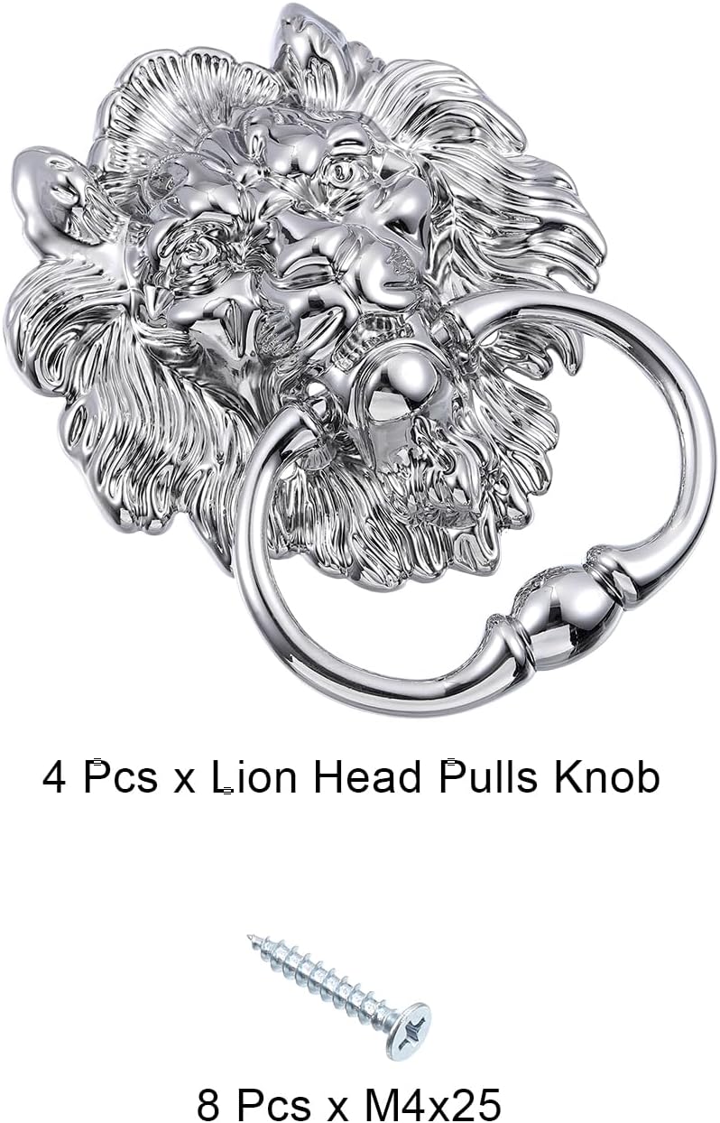uxcell 4 Pcs Lion Head Pulls Knob, 6 Inch Zinc Alloy Vintage Lion Door Handle Decorative Front Door Knob Ring Pull Handle for Gate Cabinets Drawers, Silver