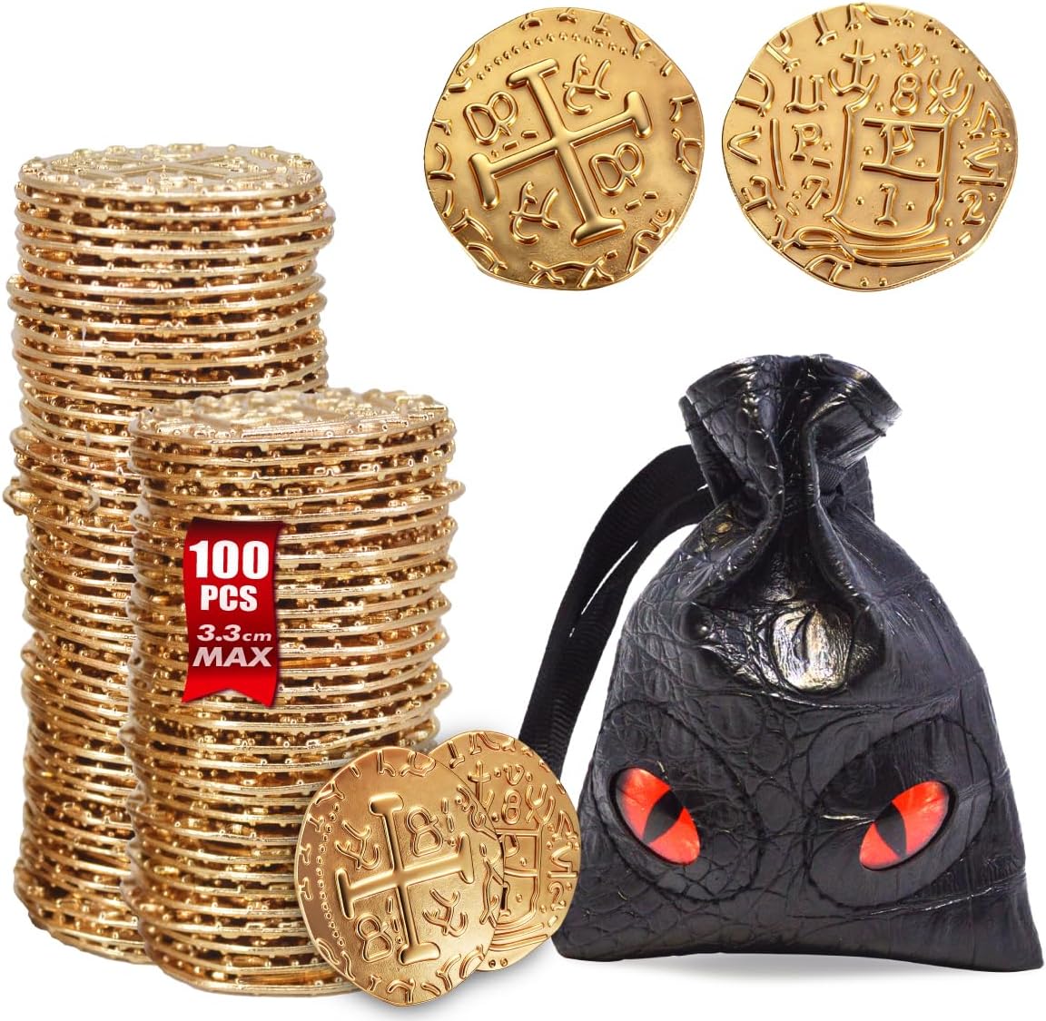 Metal Pirate Coins Gold Treasure Coin Set, Metal Replica Spanish Doubloons for Board Games, Tokens, Toys, Cosplay – Realistic Money Imitation for Treasure Chest - X-Large Size 1.3" (Gold 100 PCS)