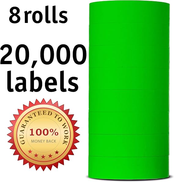MX 5500 Labels - 8,000 Total - Green - Price Labels - Pack of 8 Rolls - Ink Roller Included