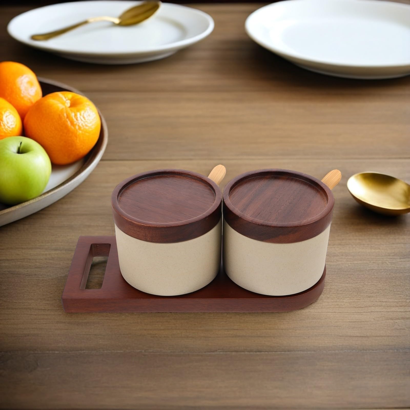 Artibetter Juego de Botes para Especias de Cerámica con Tapa de Madera y Cuchara, Adecuado para Cocina y Café, Diseño Minimalista y Funcional para Condimentar Fácilmente