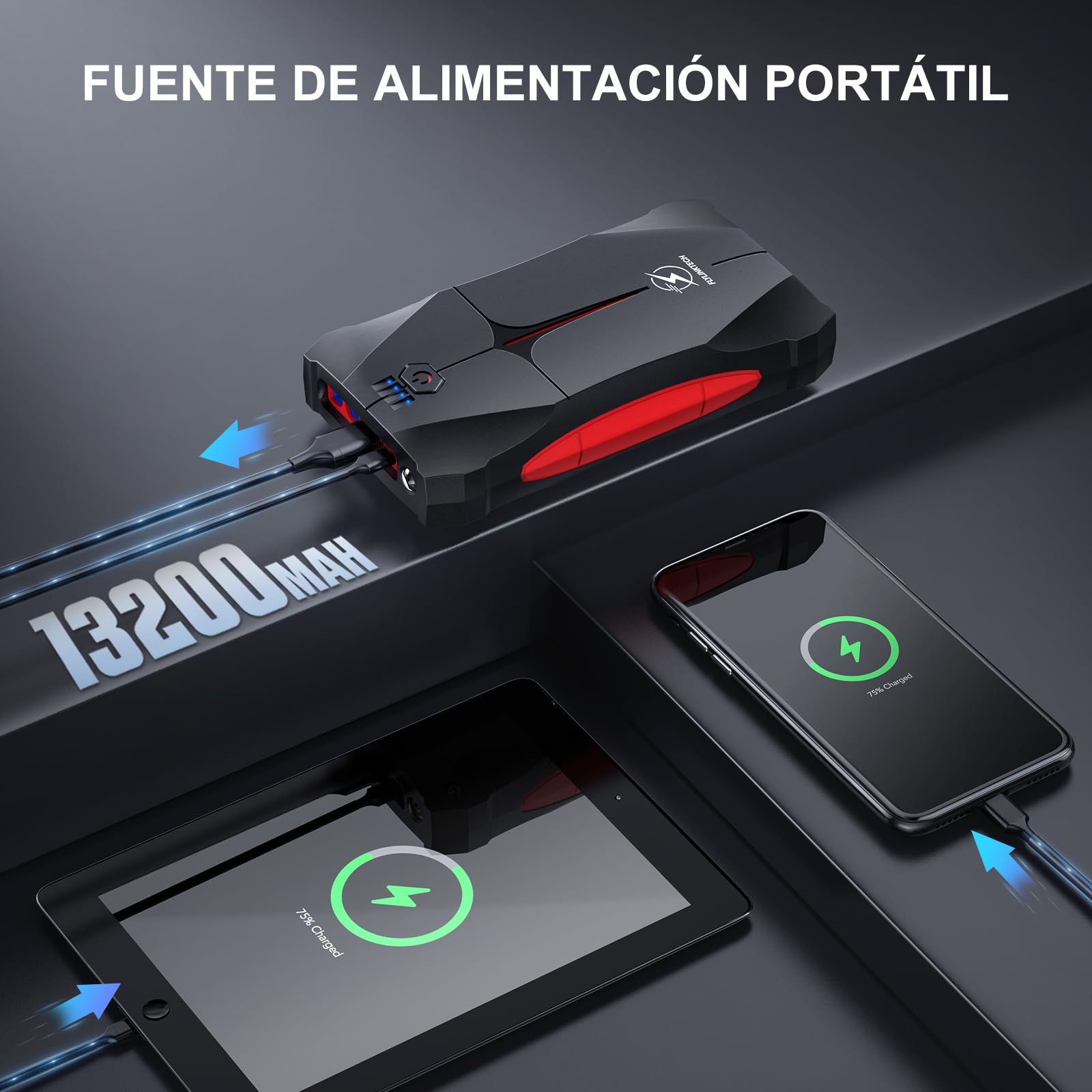 FLYLINKTECH Arrancador de Coches, 4000A 13200mAh Arrancador de Baterias de Coche (hasta 9.0L Gas o 8.5L Diesel), 3 Modos Linterna LED, Puerto USB